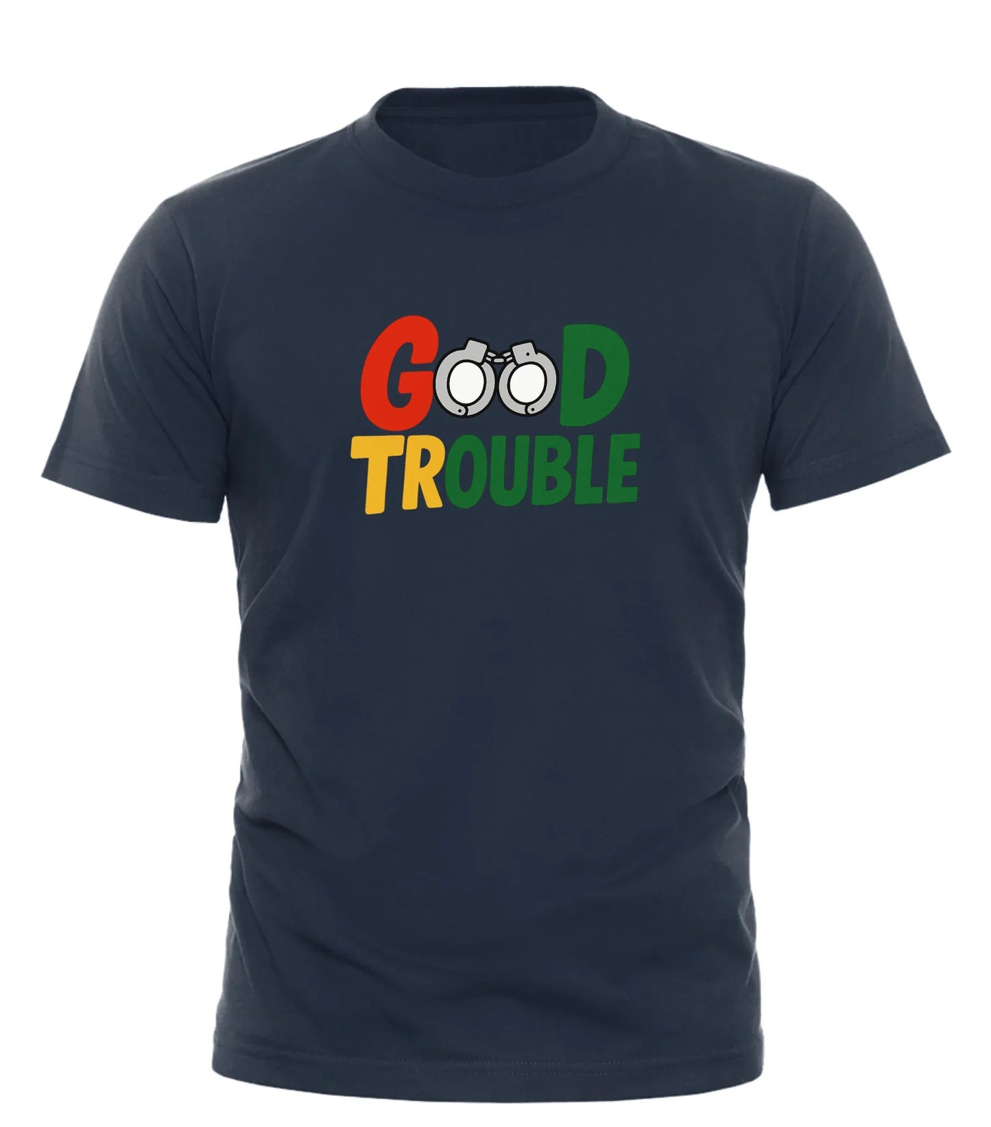 Good Trouble Garments navy protest t shirt for activists with colorful logo and handcuffs design