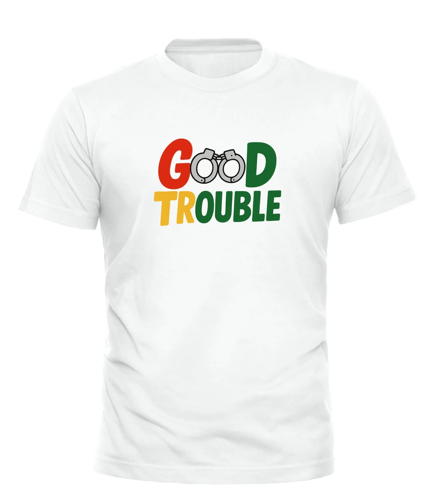 White Good Trouble Garments protest t shirt for activists with colorful handcuff graphic design
