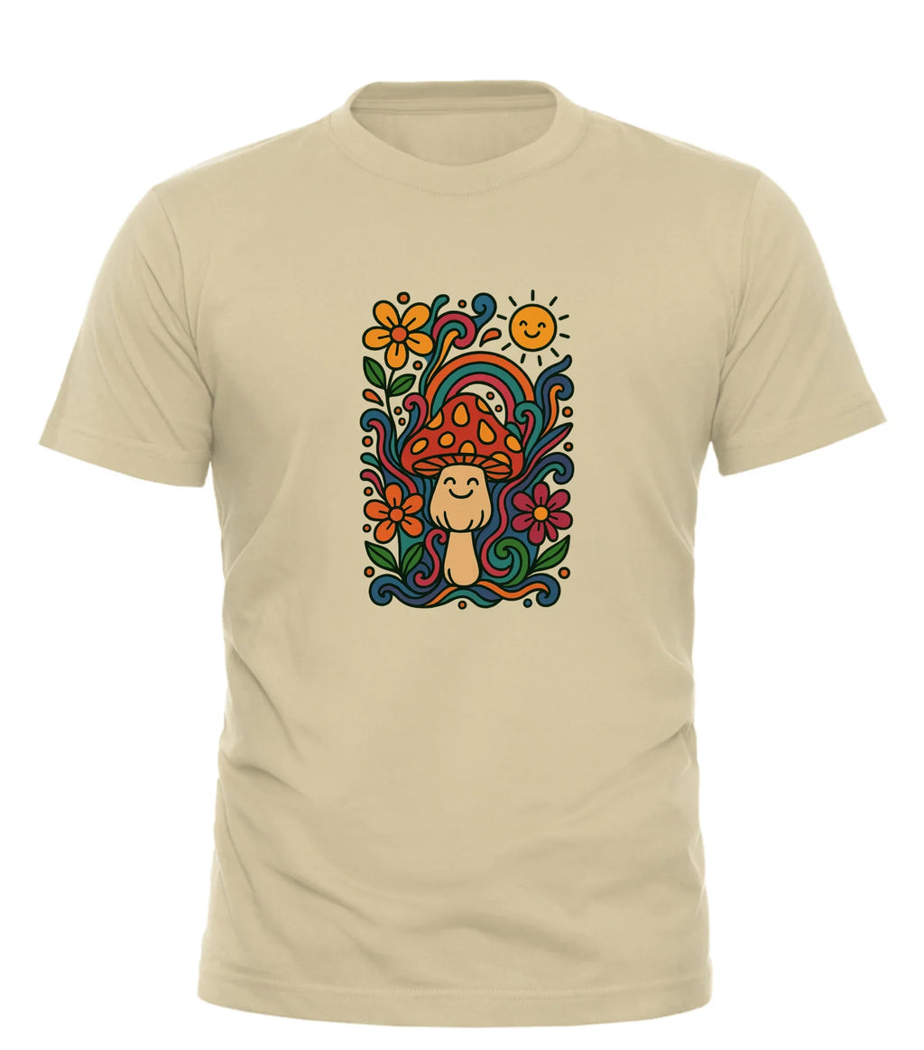 Good Trouble Garments beige psychedelic graphic tee with colorful mushroom and floral design