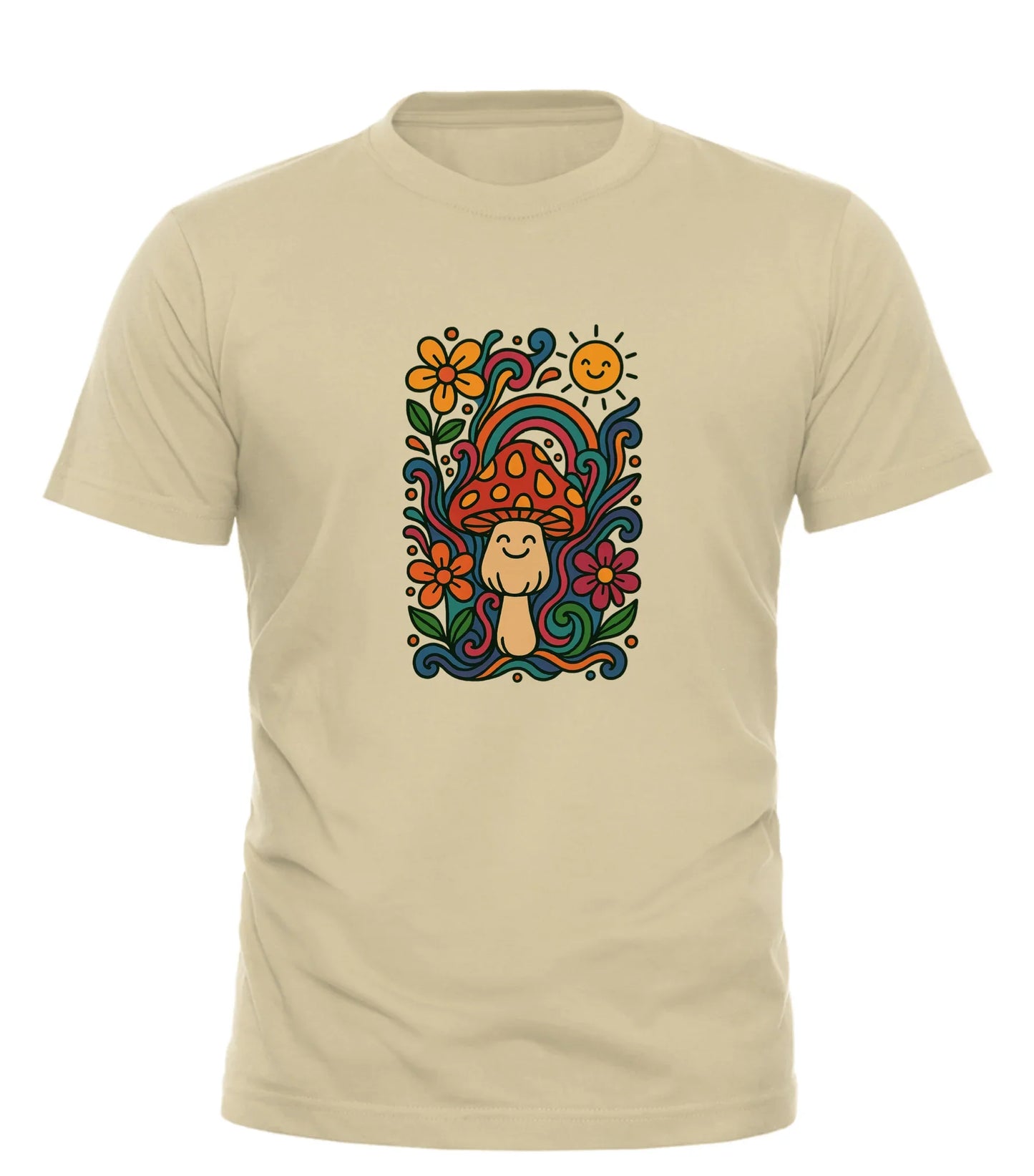 Good Trouble Garments beige psychedelic graphic tee with colorful mushroom and floral design