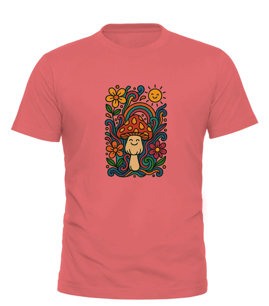 Good Trouble Garments psychedelic graphic tee with colorful mushroom and floral design on coral background