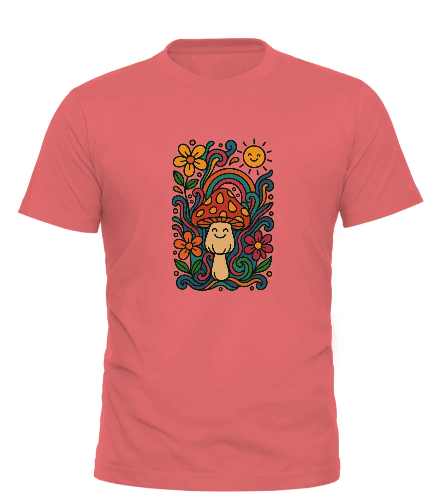 Good Trouble Garments psychedelic graphic tee with colorful mushroom and floral design on coral background