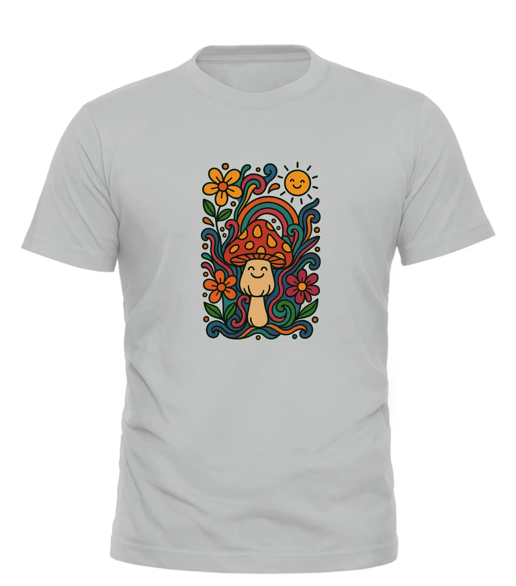 Good Trouble Garments psychedelic graphic tee with colorful mushroom and floral design on light gray background