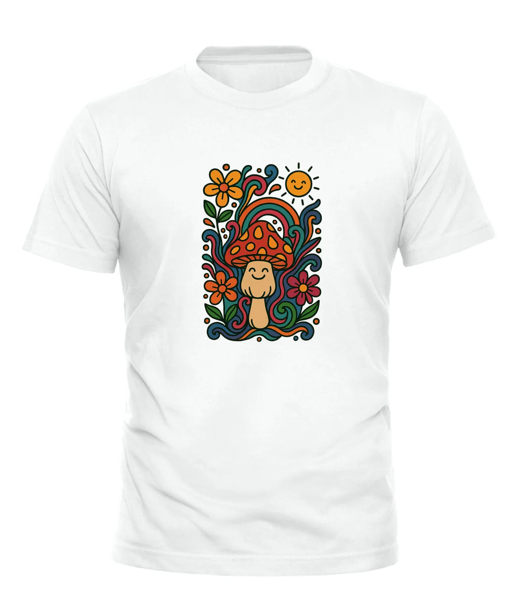 Good Trouble Garments white psychedelic graphic tee with colorful mushroom and floral design