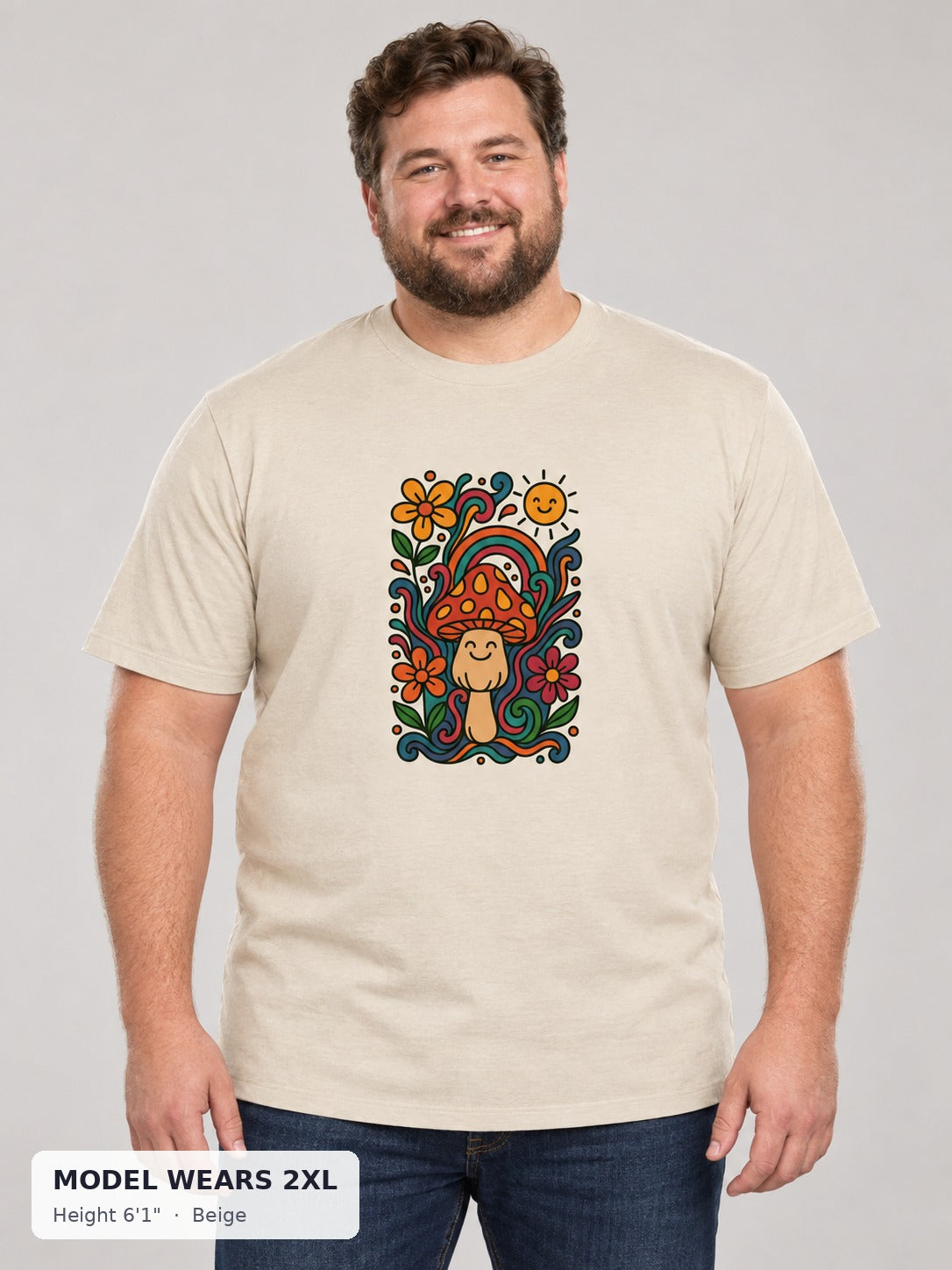 Psychedelic Mushroom Tee in Beige on a plus-size model wearing size 2XL, 6'1" - Good Trouble Fashion