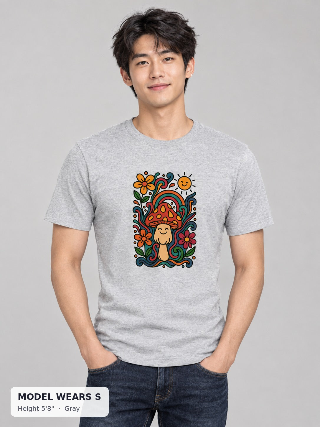 Psychedelic Mushroom Tee in Gray on a slim model wearing size S, 5'8" - Good Trouble Fashion