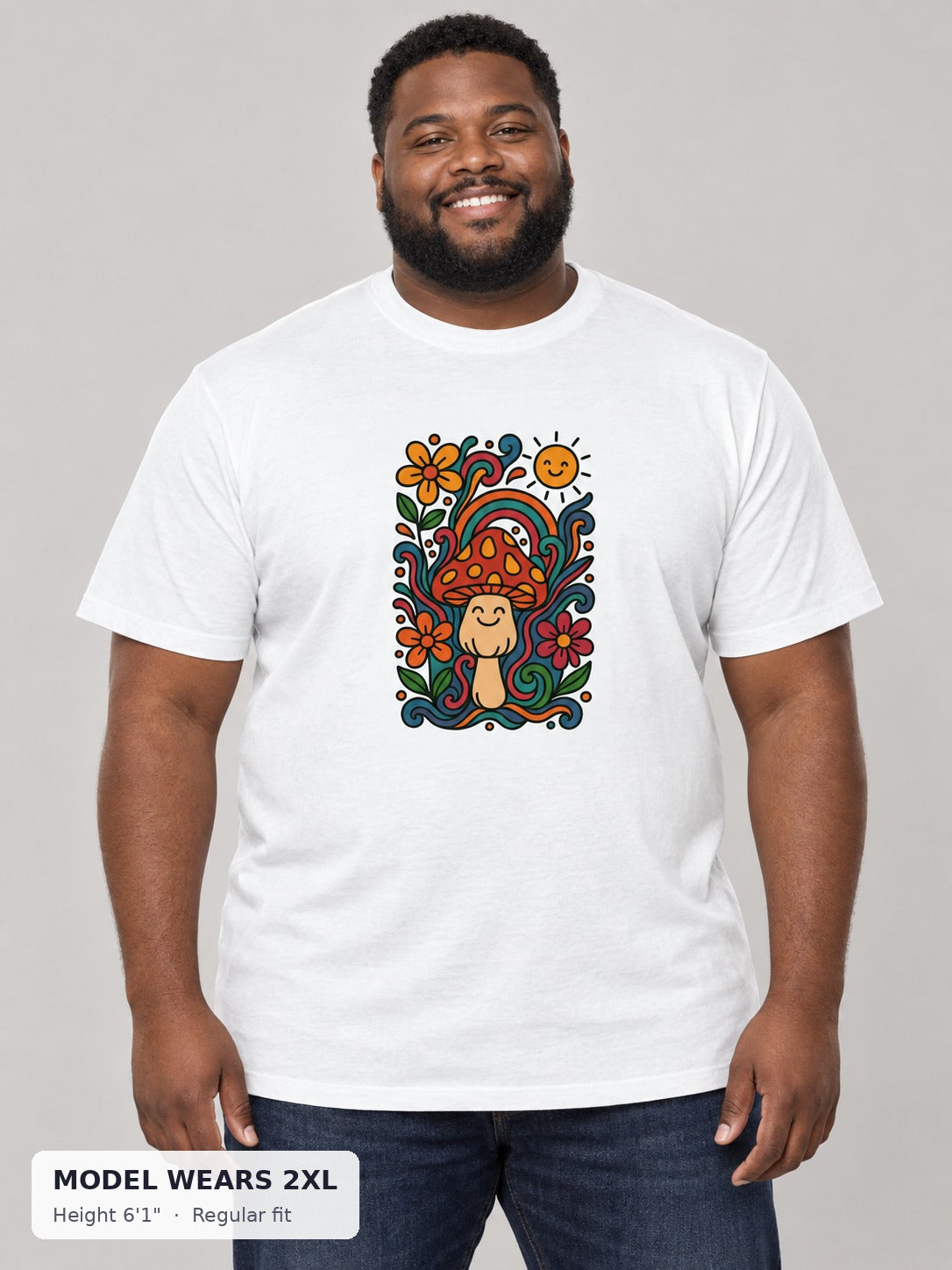 Psychedelic Mushroom Tee on a plus-size model wearing size 2XL, 6'1" - Good Trouble Fashion