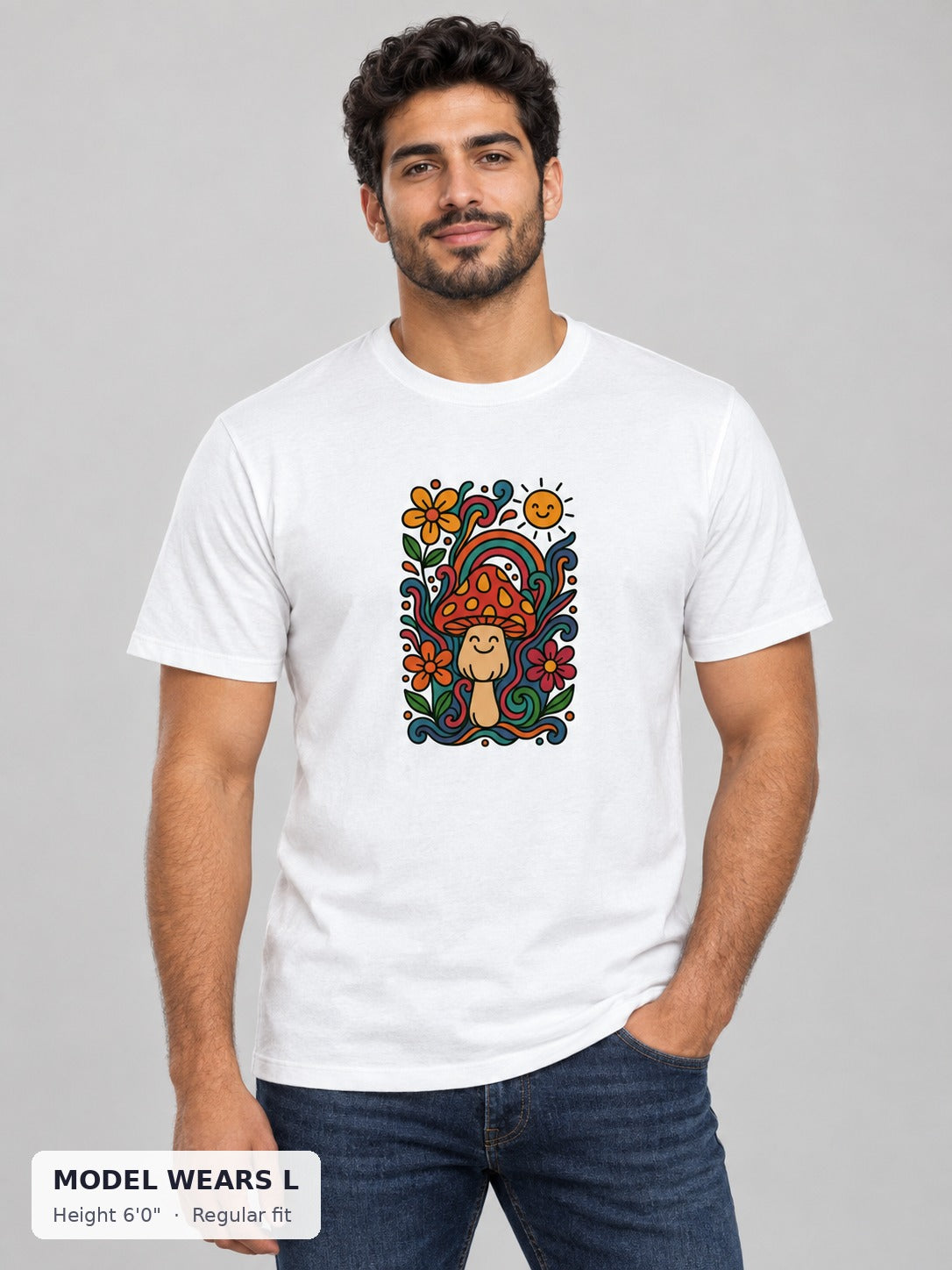 Psychedelic Mushroom Tee on an athletic model wearing size L, 6'0" - Good Trouble Fashion