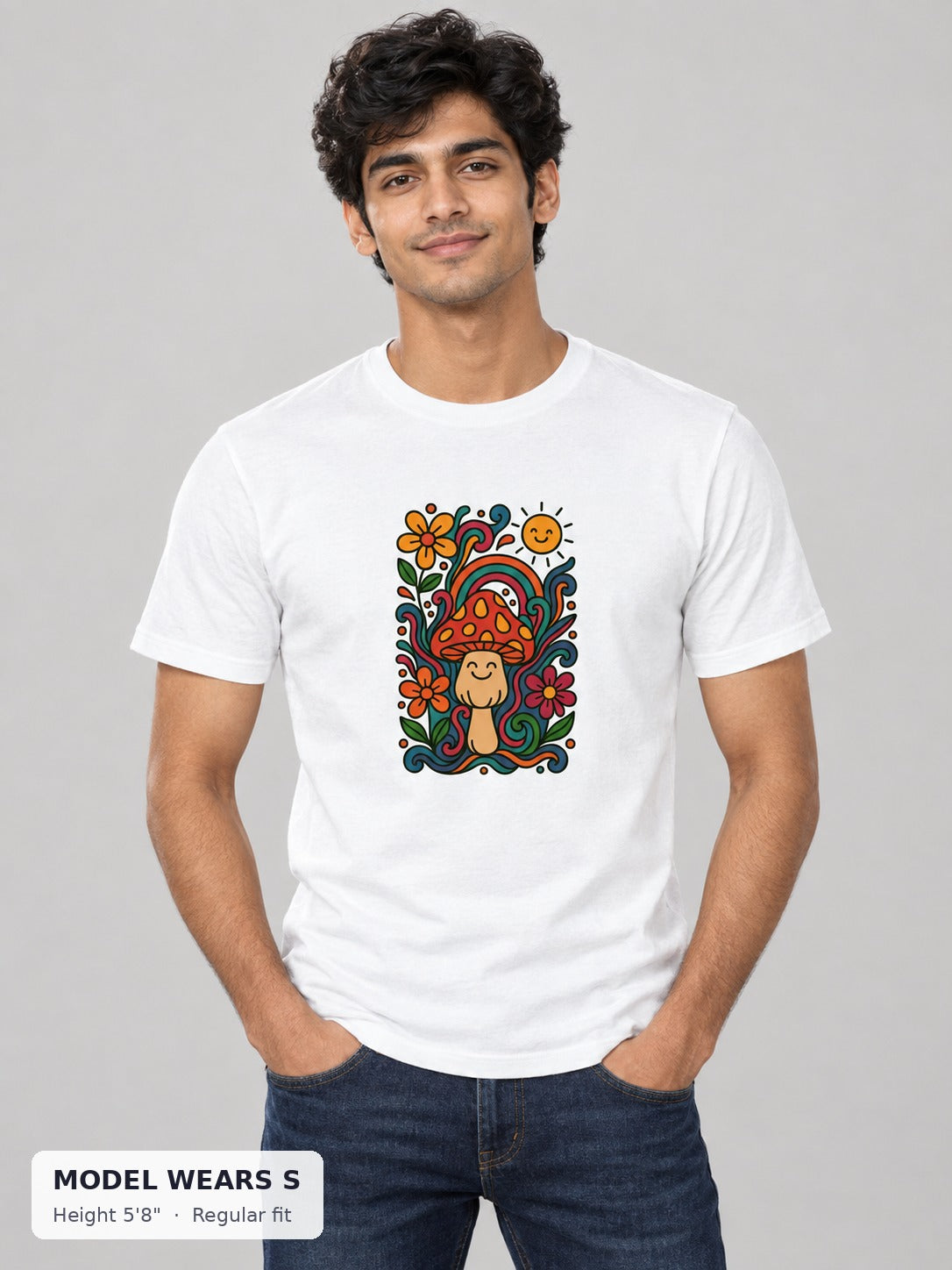 Psychedelic Mushroom Tee on a slim model wearing size S, 5'8" - Good Trouble Fashion