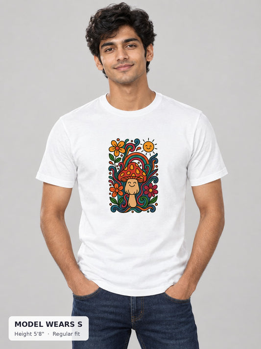 Psychedelic Mushroom Tee on a slim model wearing size S, 5'8" - Good Trouble Fashion