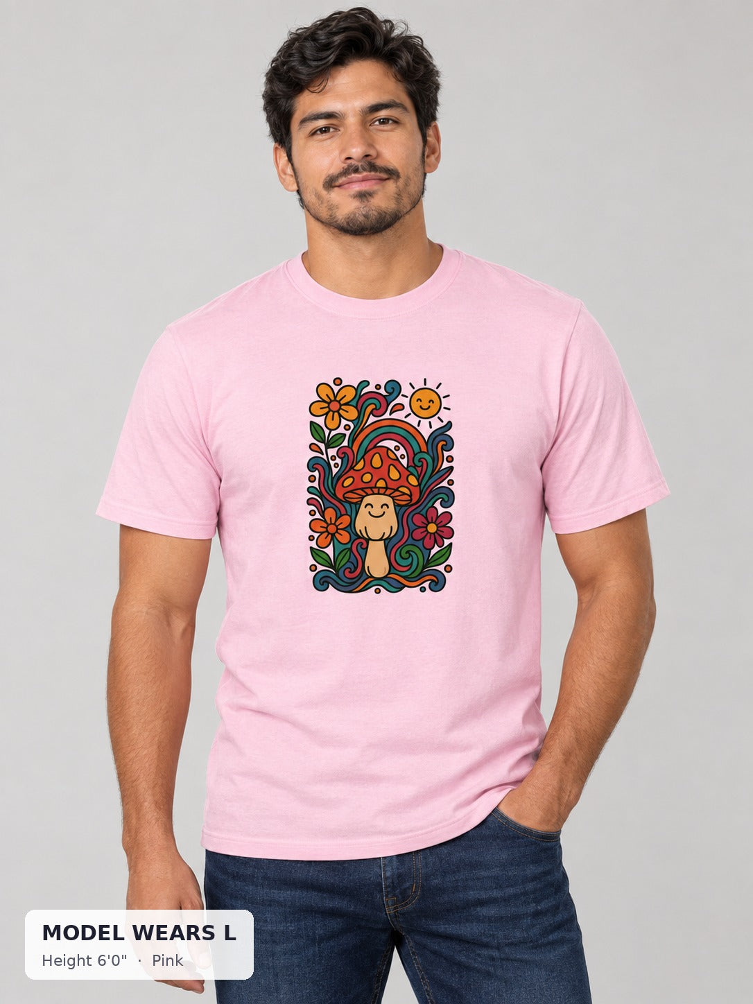 Psychedelic Mushroom Tee in Pink on an athletic model wearing size L, 6'0" - Good Trouble Fashion