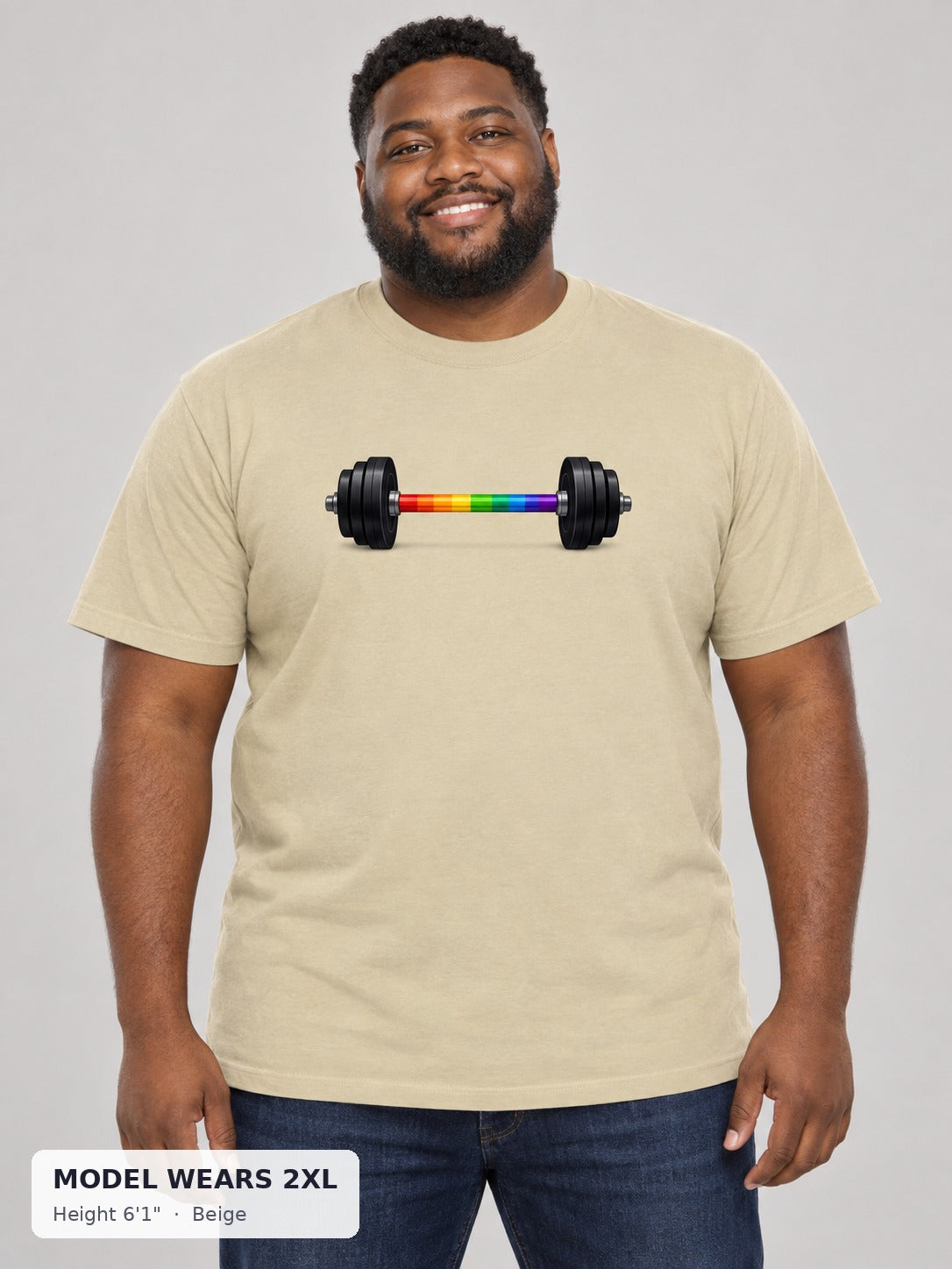 Rainbow Barbell Pride Tee in Beige on a plus-size model wearing size 2XL, 6'1" - Good Trouble Fashion