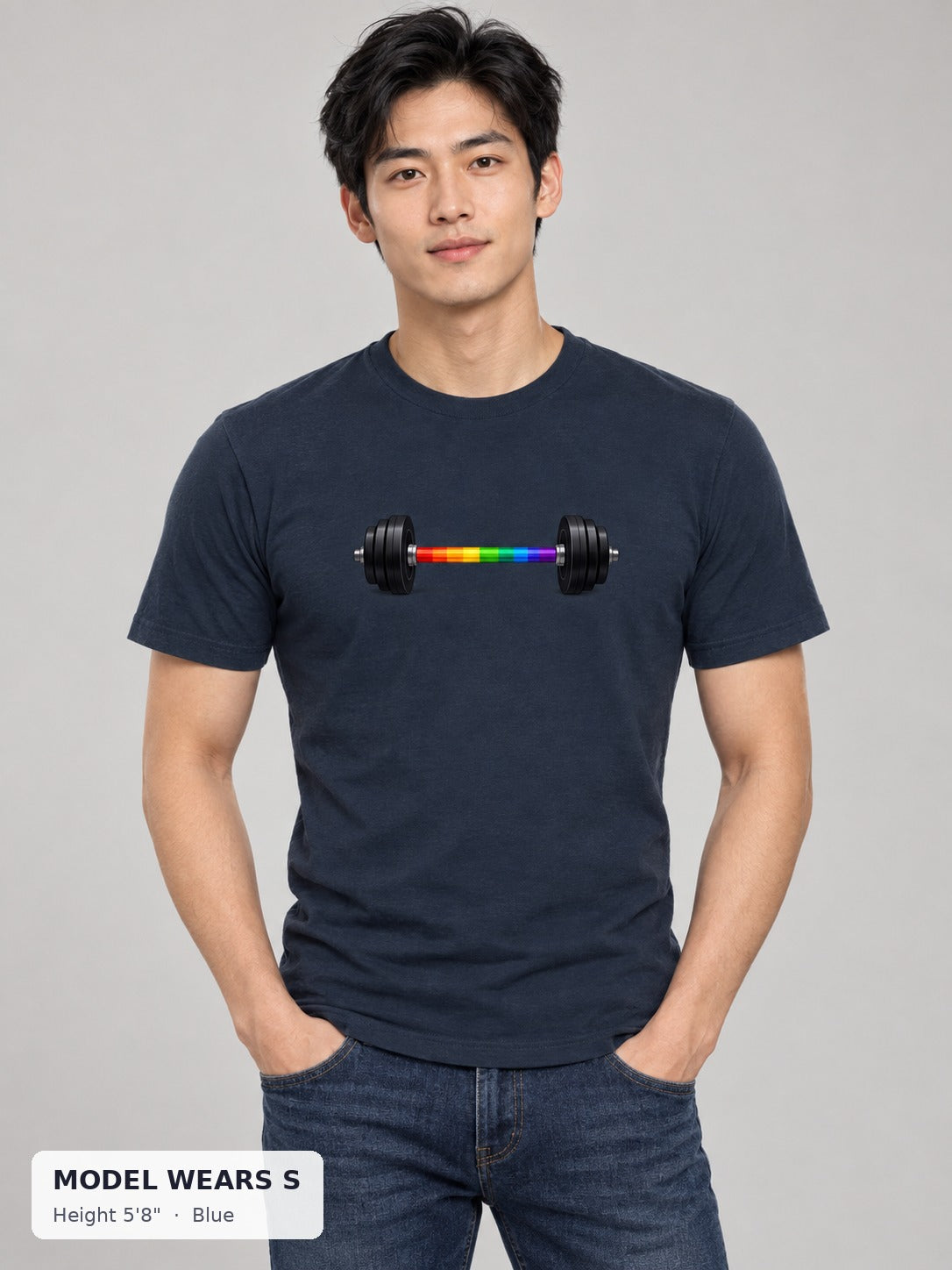 Rainbow Barbell Pride Tee in Blue on a slim model wearing size S, 5'8" - Good Trouble Fashion