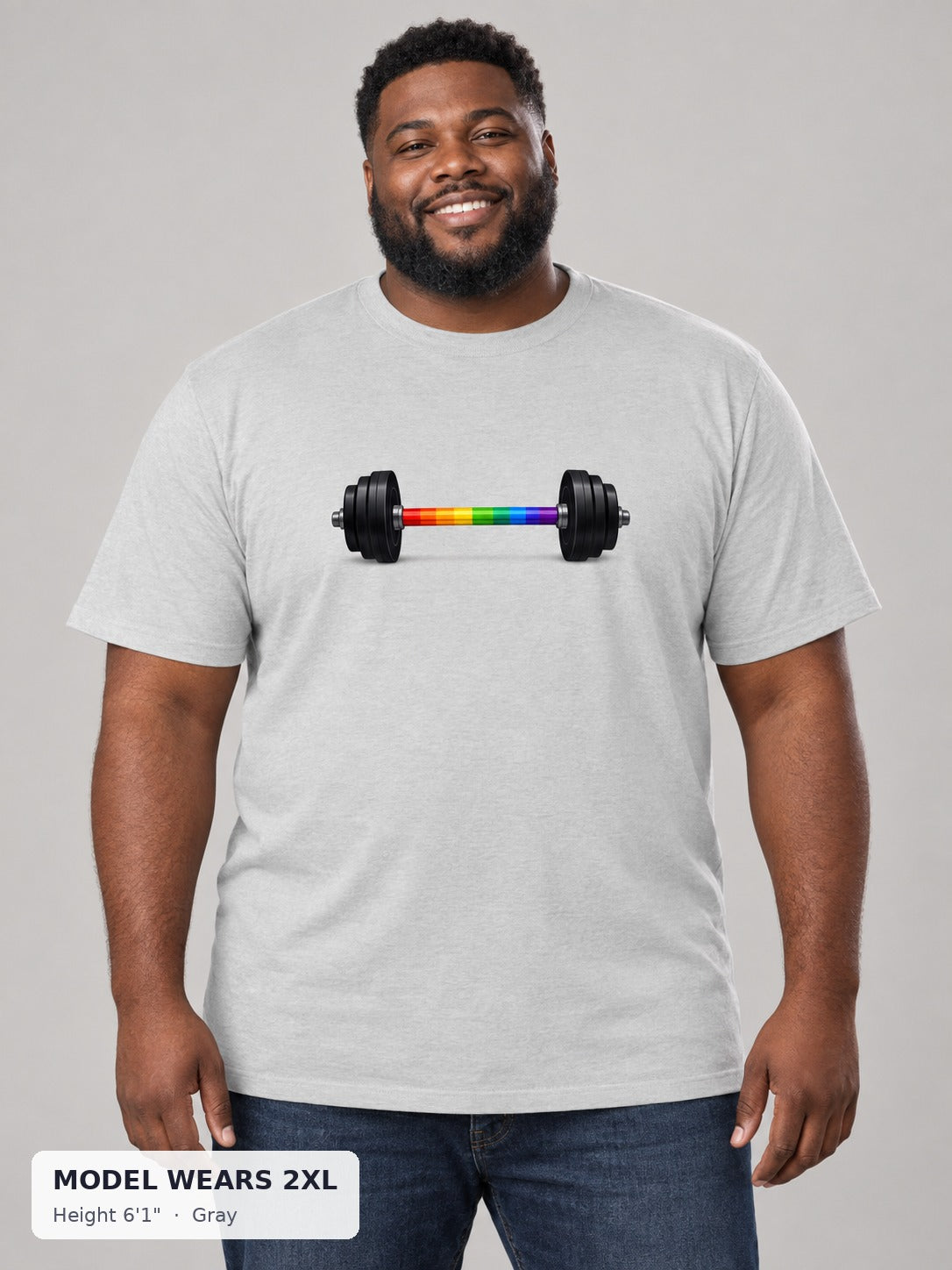 Rainbow Barbell Pride Tee in Gray on a plus-size model wearing size 2XL, 6'1" - Good Trouble Fashion