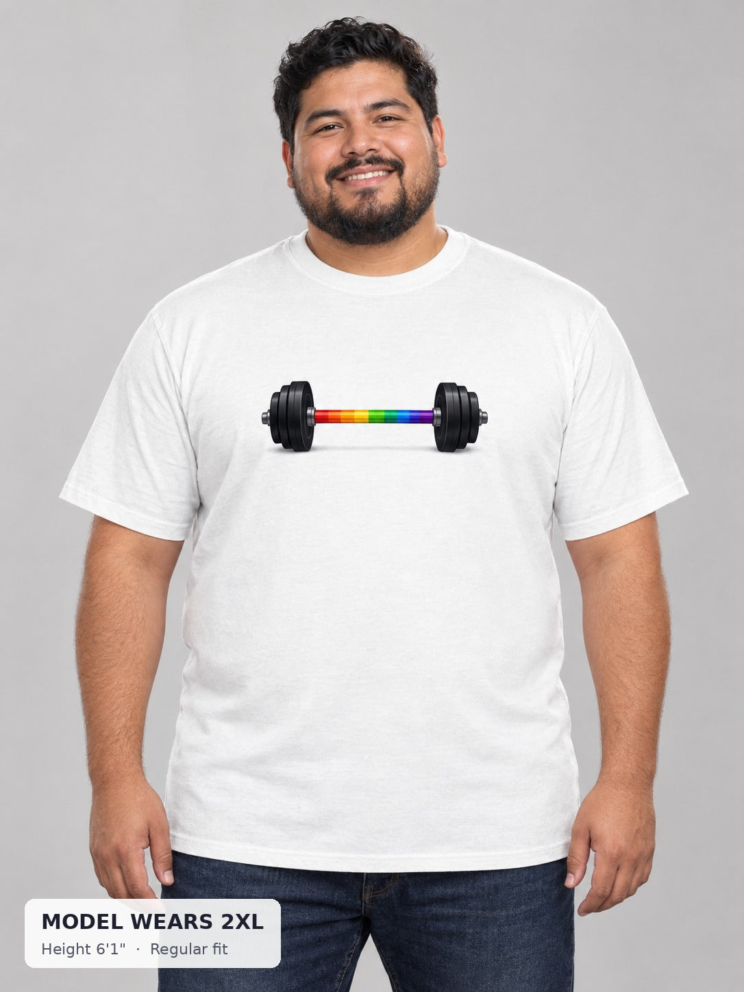 Rainbow Barbell Pride Tee on a plus-size model wearing size 2XL, 6'1" - Good Trouble Fashion