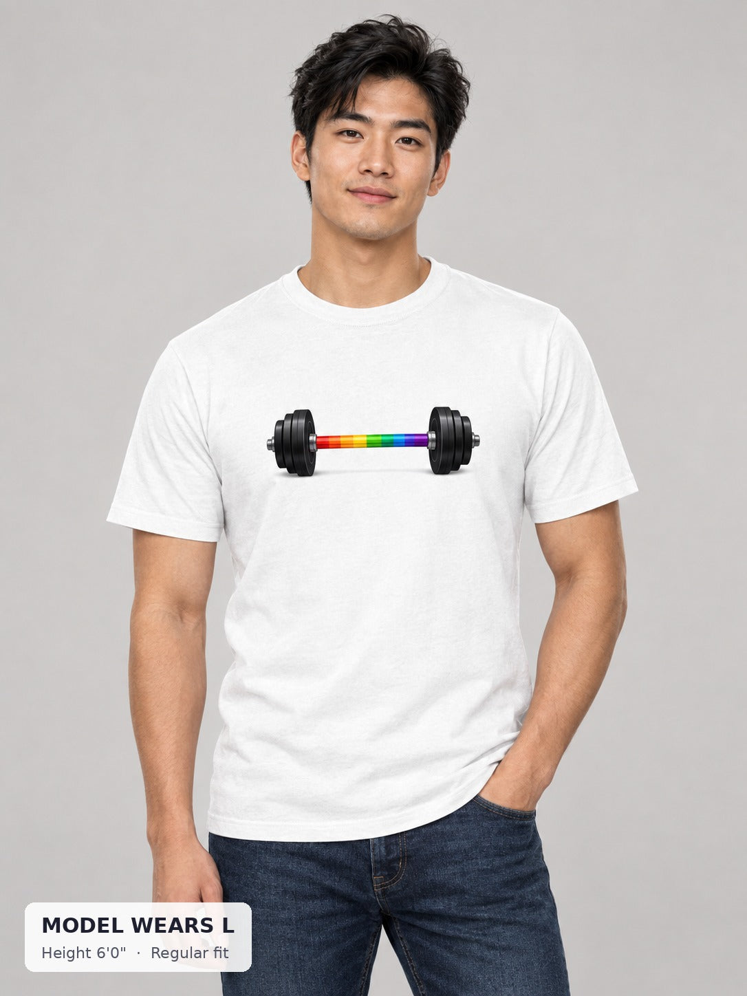 Rainbow Barbell Pride Tee on an athletic model wearing size L, 6'0" - Good Trouble Fashion