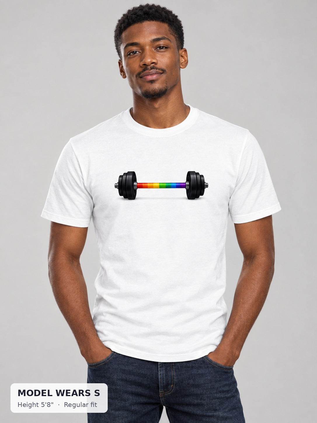 Rainbow Barbell Pride Tee on a slim model wearing size S, 5'8" - Good Trouble Fashion