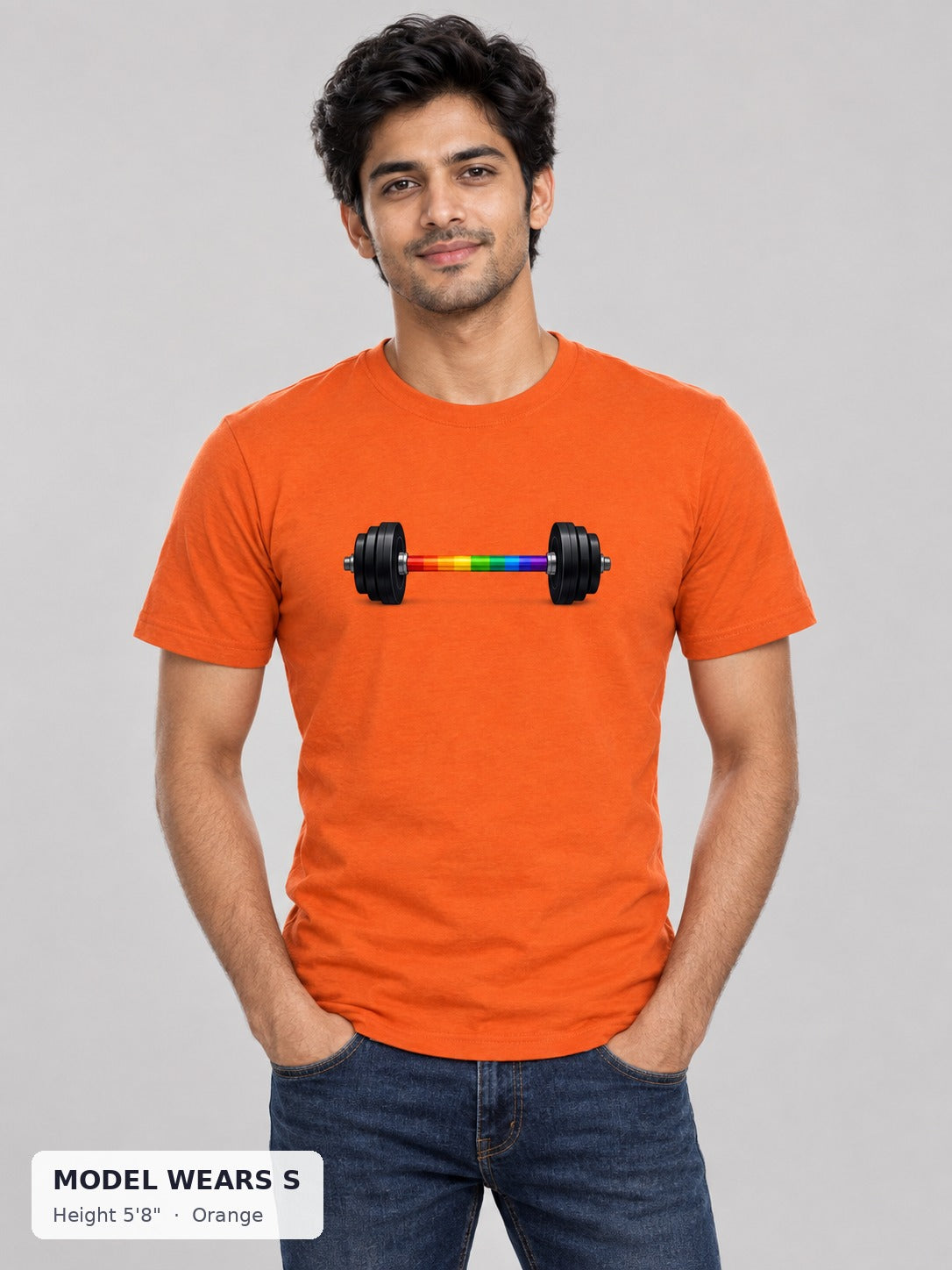 Rainbow Barbell Pride Tee in Orange on a slim model wearing size S, 5'8" - Good Trouble Fashion
