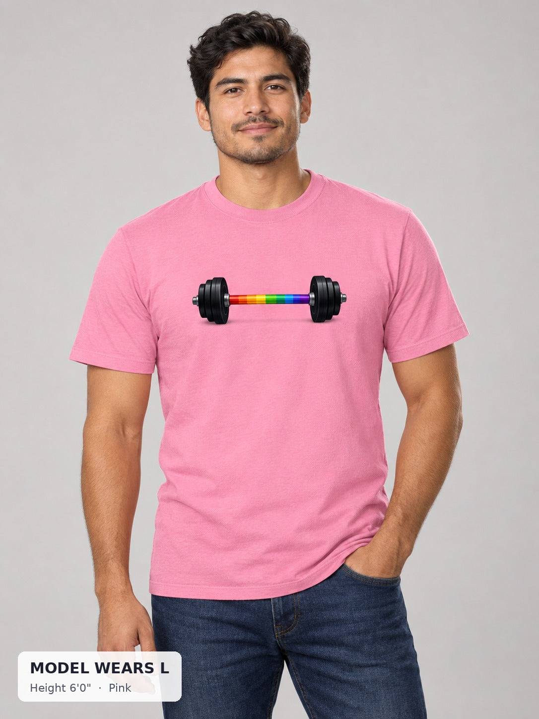 Rainbow Barbell Pride Tee in Pink on an athletic model wearing size L, 6'0" - Good Trouble Fashion
