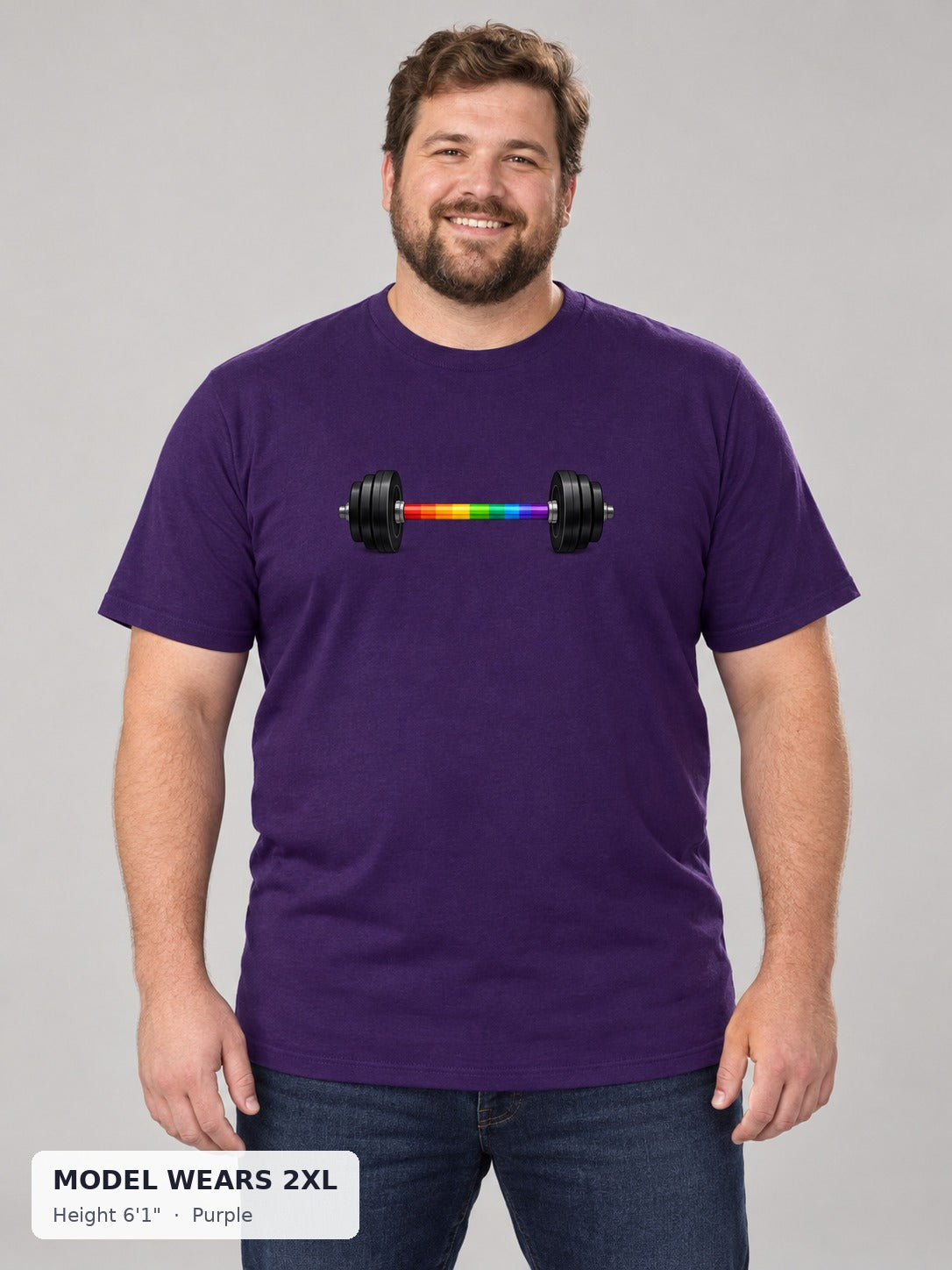 Rainbow Barbell Pride Tee in Purple on a plus-size model wearing size 2XL, 6'1" - Good Trouble Fashion