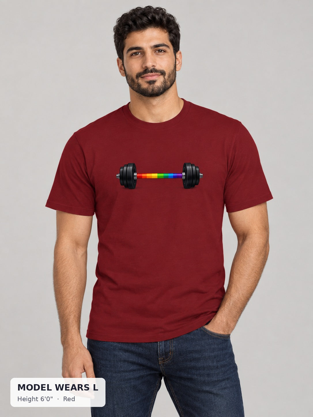 Rainbow Barbell Pride Tee in Red on an athletic model wearing size L, 6'0" - Good Trouble Fashion