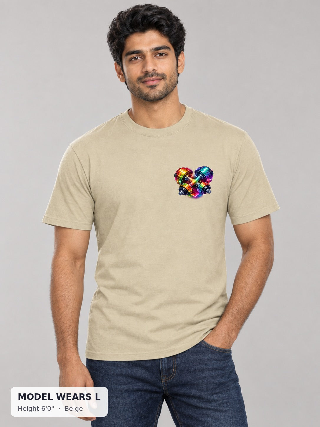 Rainbow Dumbbell Pride Tee in Beige on an athletic model wearing size L, 6'0" - Good Trouble Fashion