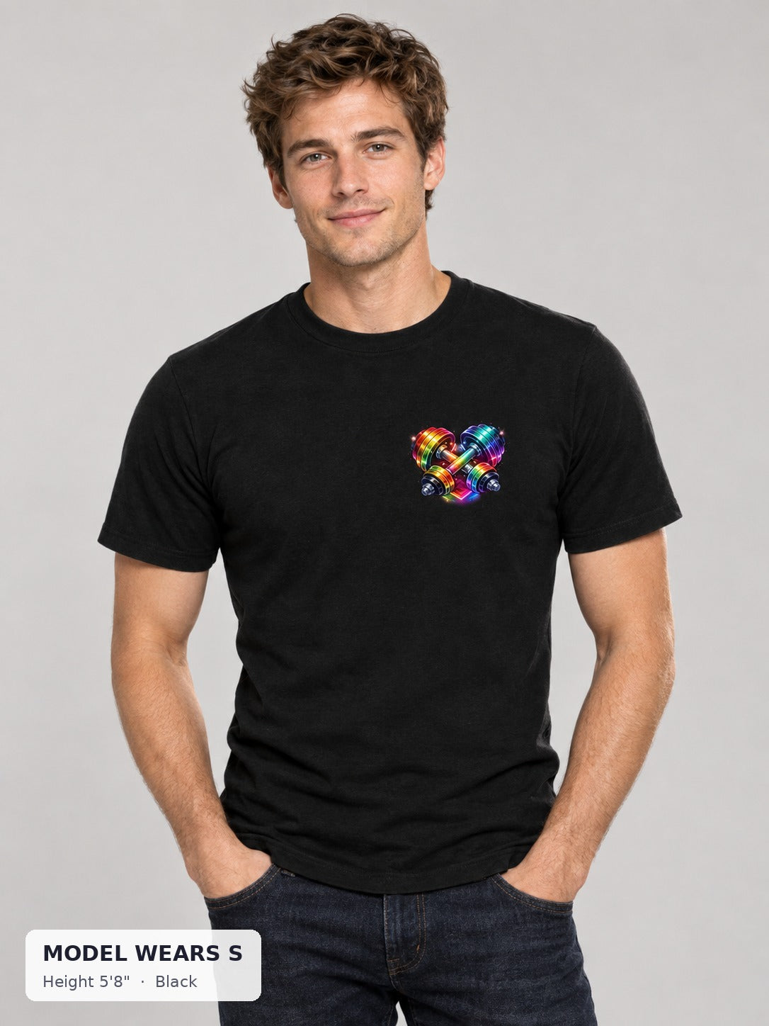 Rainbow Dumbbell Pride Tee in Black on a slim model wearing size S, 5'8" - Good Trouble Fashion