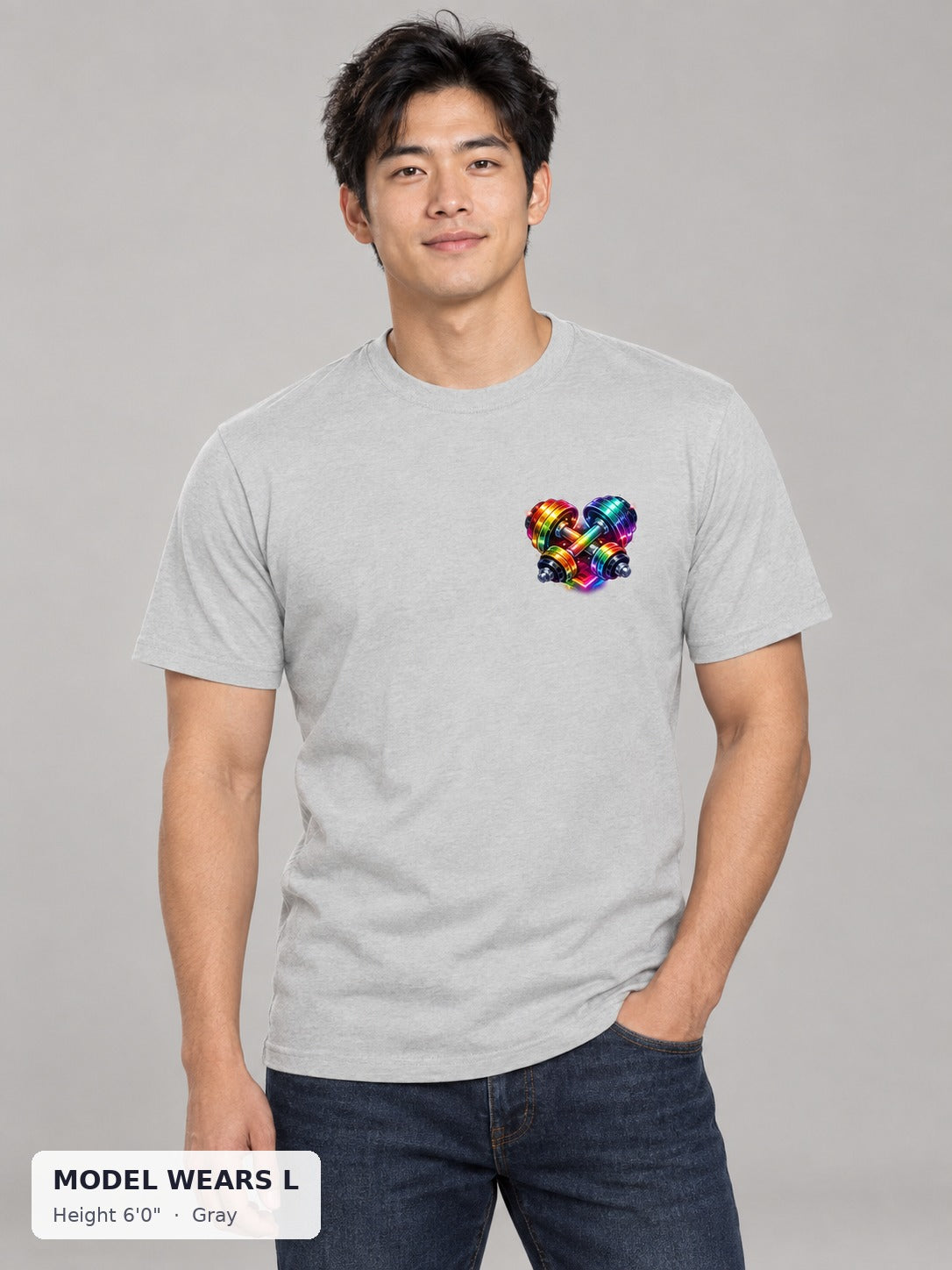 Rainbow Dumbbell Pride Tee in Gray on an athletic model wearing size L, 6'0" - Good Trouble Fashion