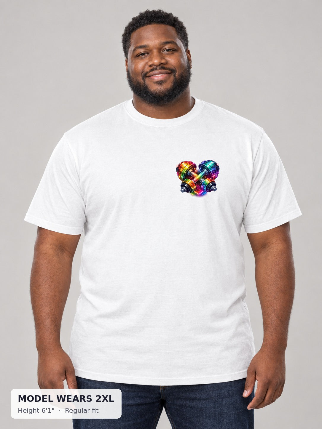 Rainbow Dumbbell Pride Tee on a plus-size model wearing size 2XL, 6'1" - Good Trouble Fashion