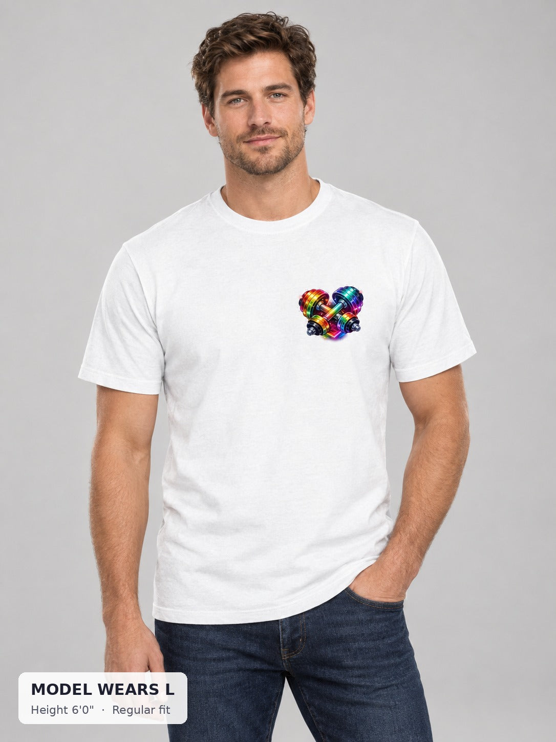 Rainbow Dumbbell Pride Tee on an athletic model wearing size L, 6'0" - Good Trouble Fashion