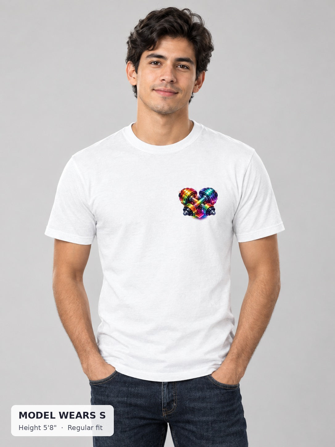 Rainbow Dumbbell Pride Tee on a slim model wearing size S, 5'8" - Good Trouble Fashion
