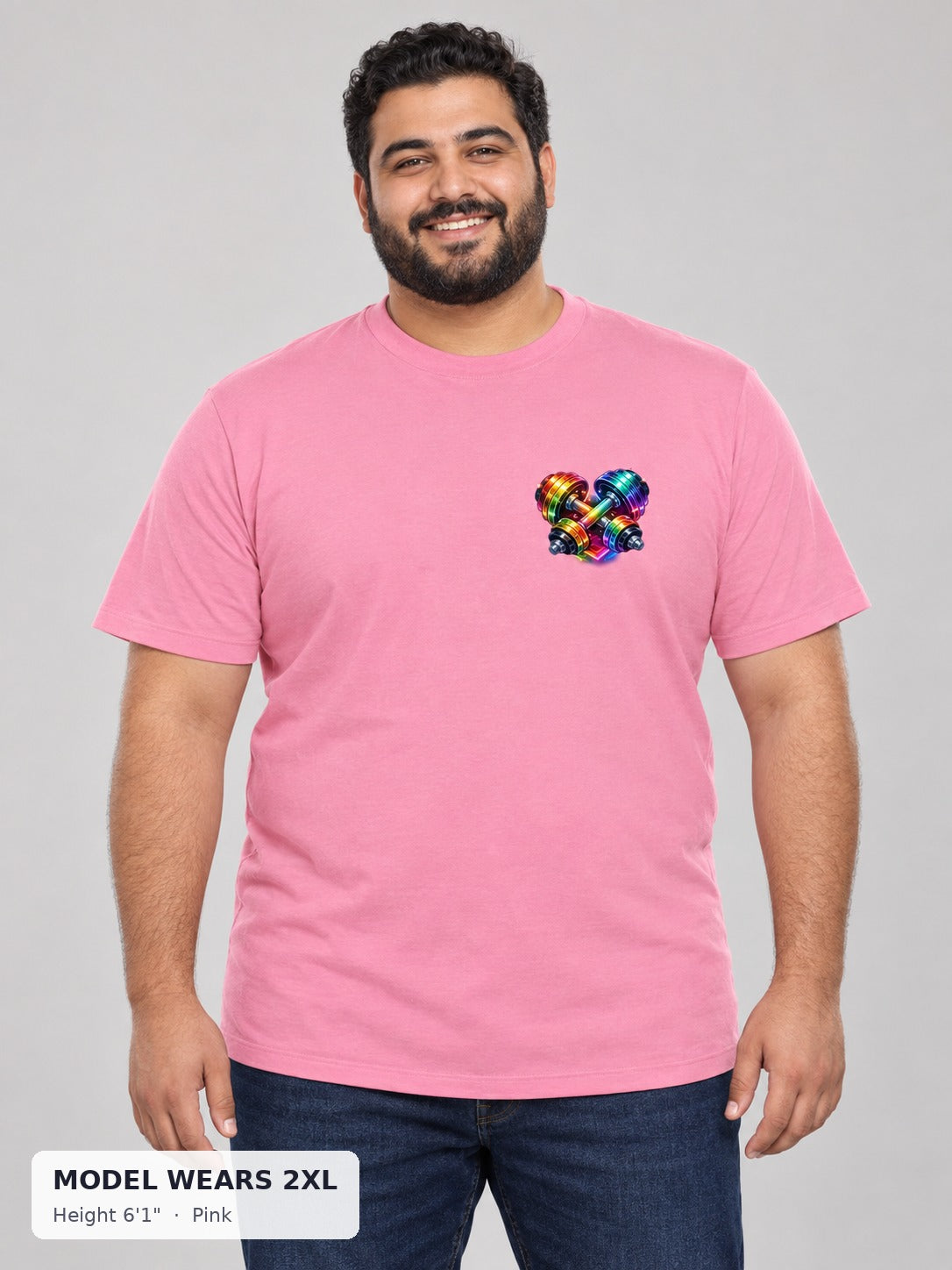 Rainbow Dumbbell Pride Tee in Pink on a plus-size model wearing size 2XL, 6'1" - Good Trouble Fashion