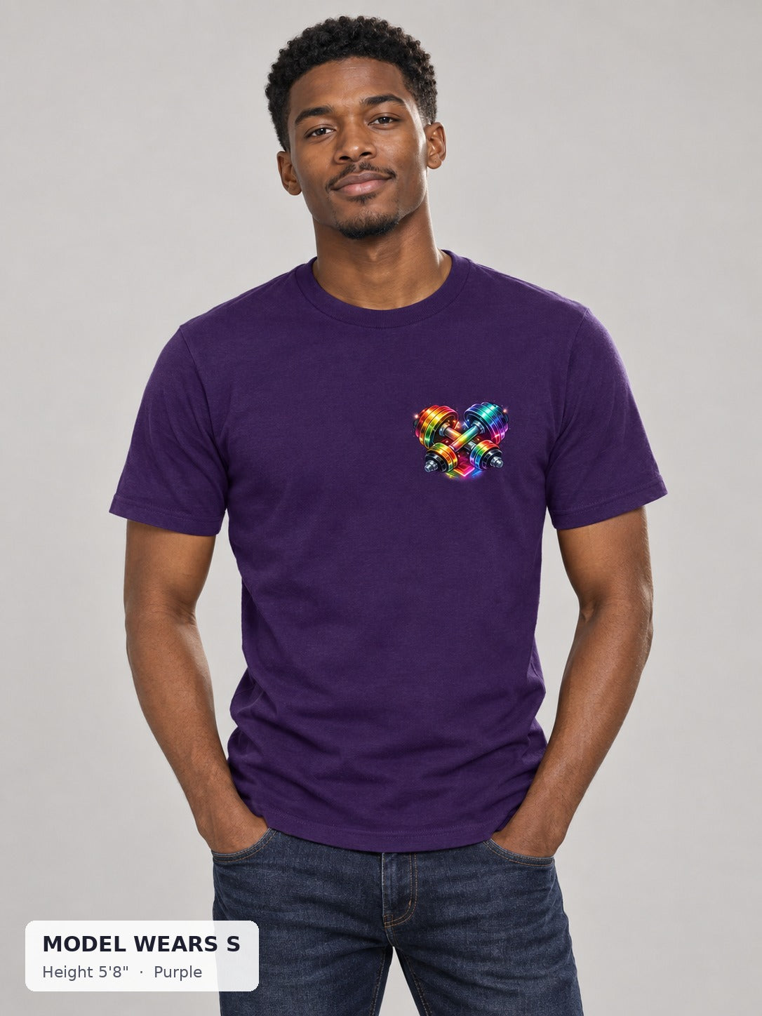 Rainbow Dumbbell Pride Tee in Purple on a slim model wearing size S, 5'8" - Good Trouble Fashion