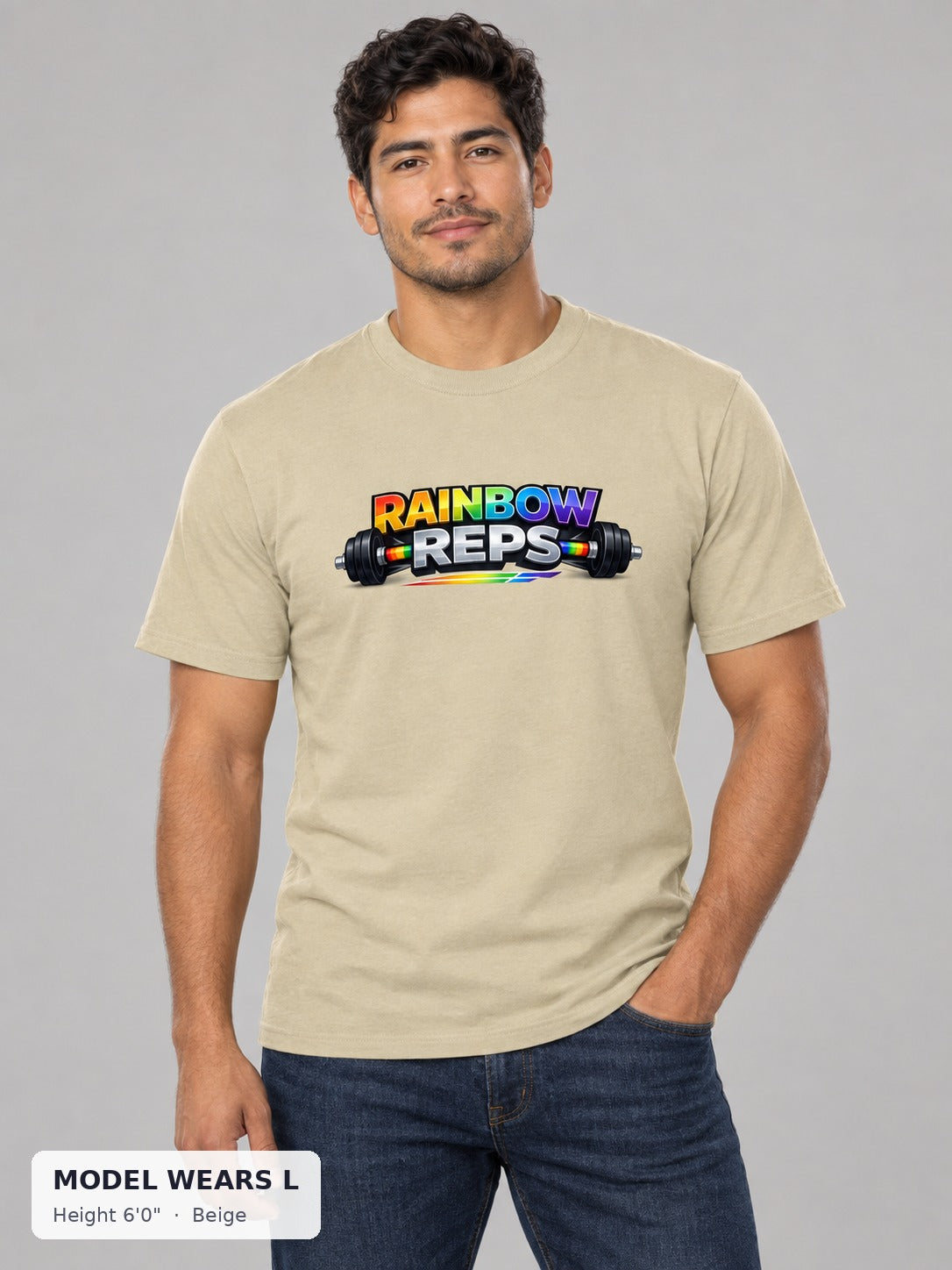 Rainbow Reps Gym Tee in Beige on an athletic model wearing size L, 6'0" - Good Trouble Fashion