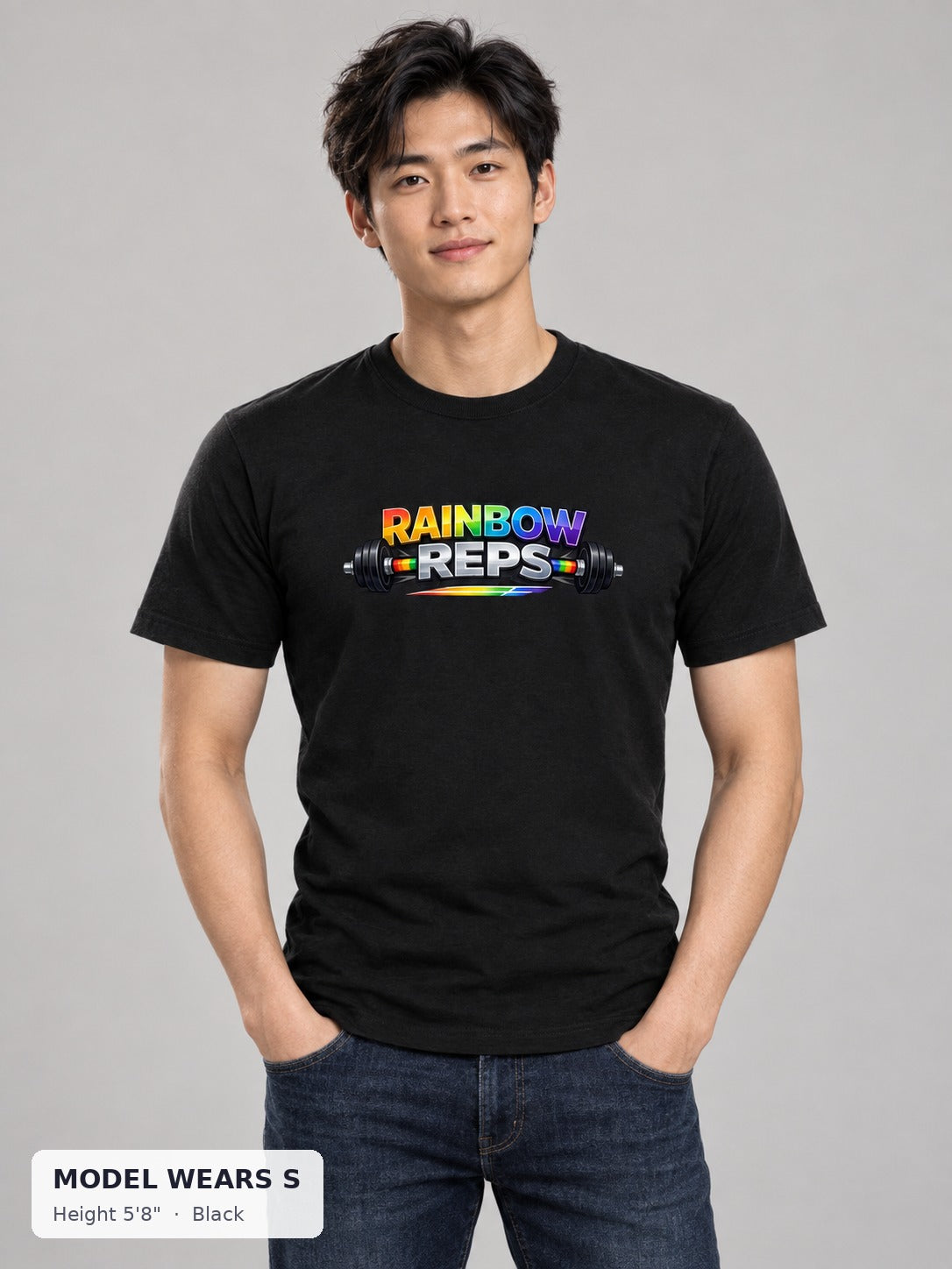 Rainbow Reps Gym Tee in Black on a slim model wearing size S, 5'8" - Good Trouble Fashion