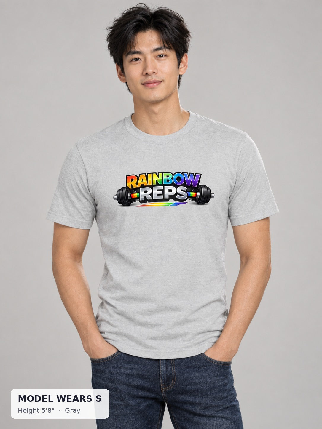 Rainbow Reps Gym Tee in Gray on a slim model wearing size S, 5'8" - Good Trouble Fashion