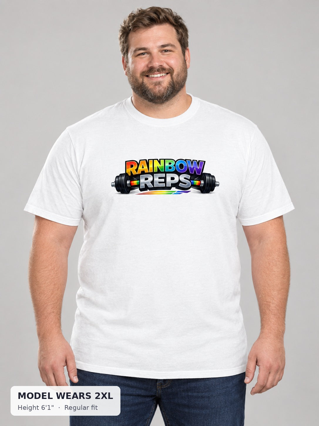 Rainbow Reps Gym Tee on a plus-size model wearing size 2XL, 6'1" - Good Trouble Fashion