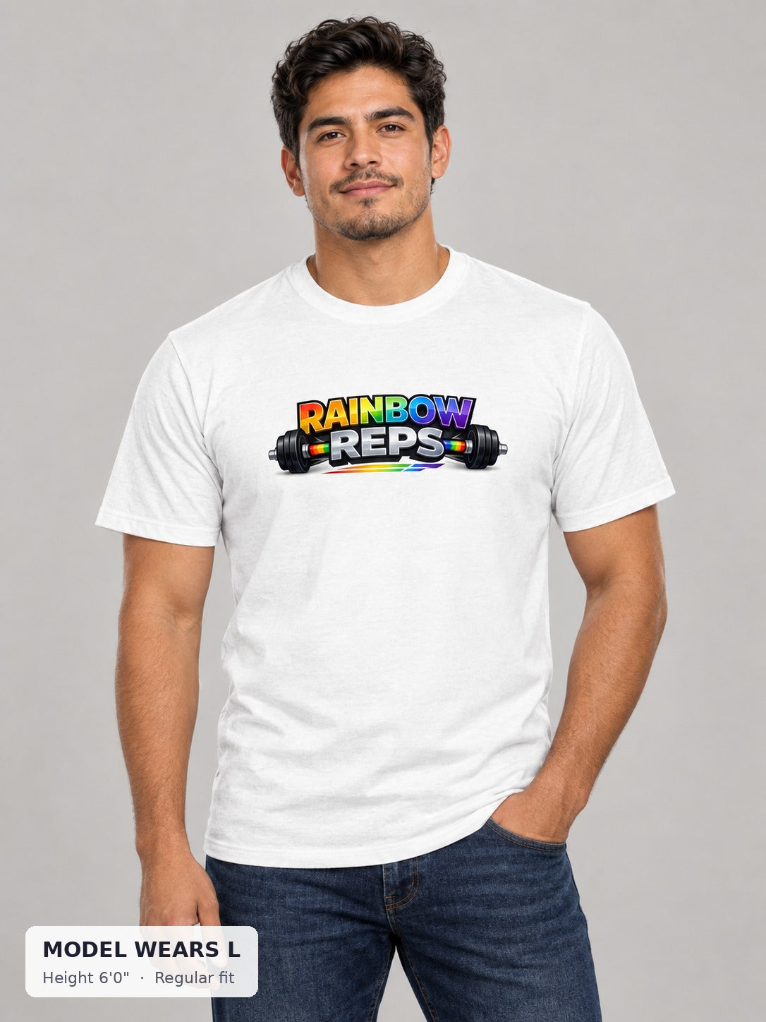 Rainbow Reps Gym Tee on an athletic model wearing size L, 6'0" - Good Trouble Fashion