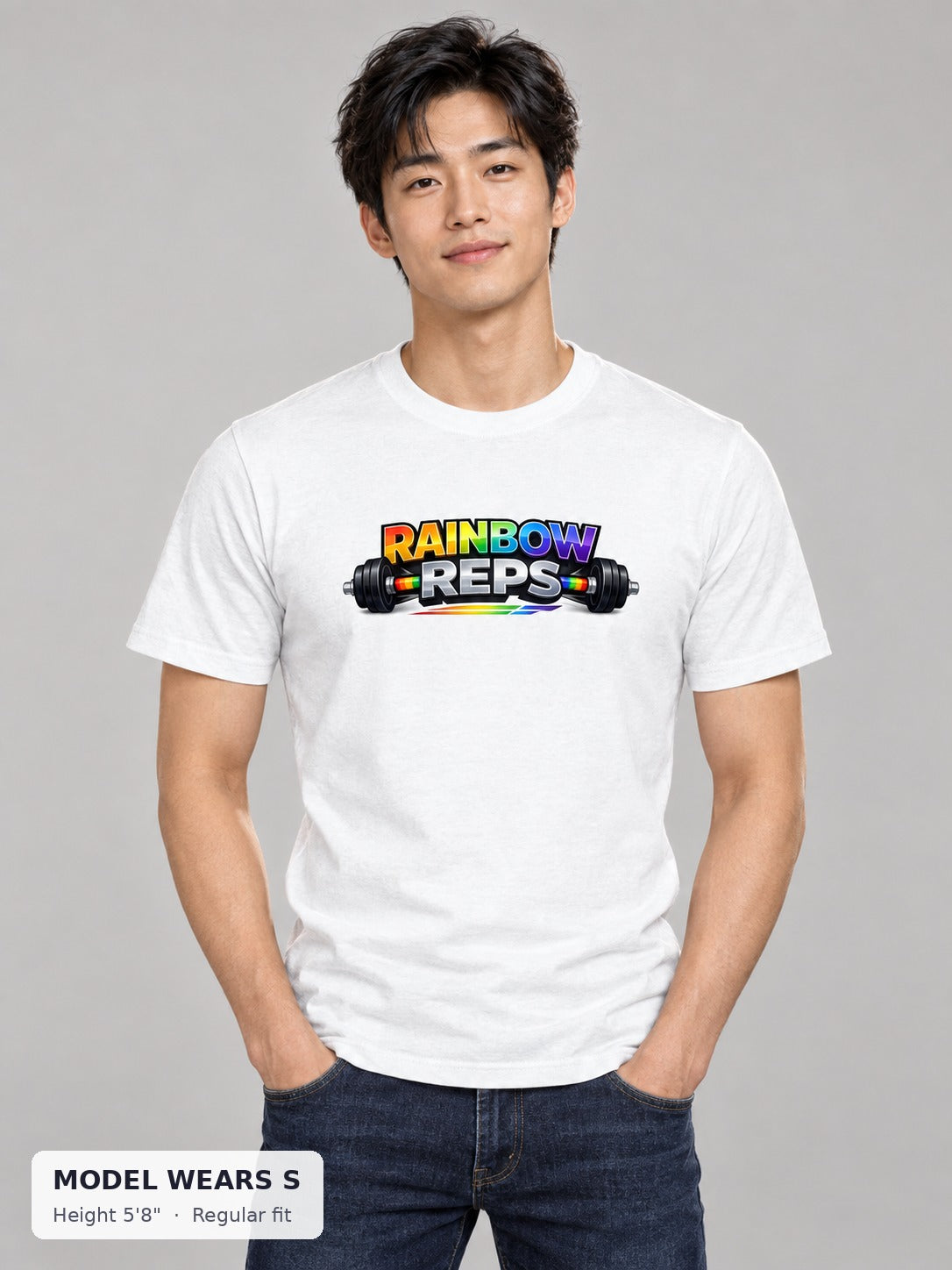 Rainbow Reps Gym Tee on a slim model wearing size S, 5'8" - Good Trouble Fashion