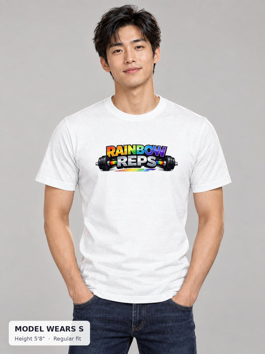 Rainbow Reps Gym Tee on a slim model wearing size S, 5'8" - Good Trouble Fashion