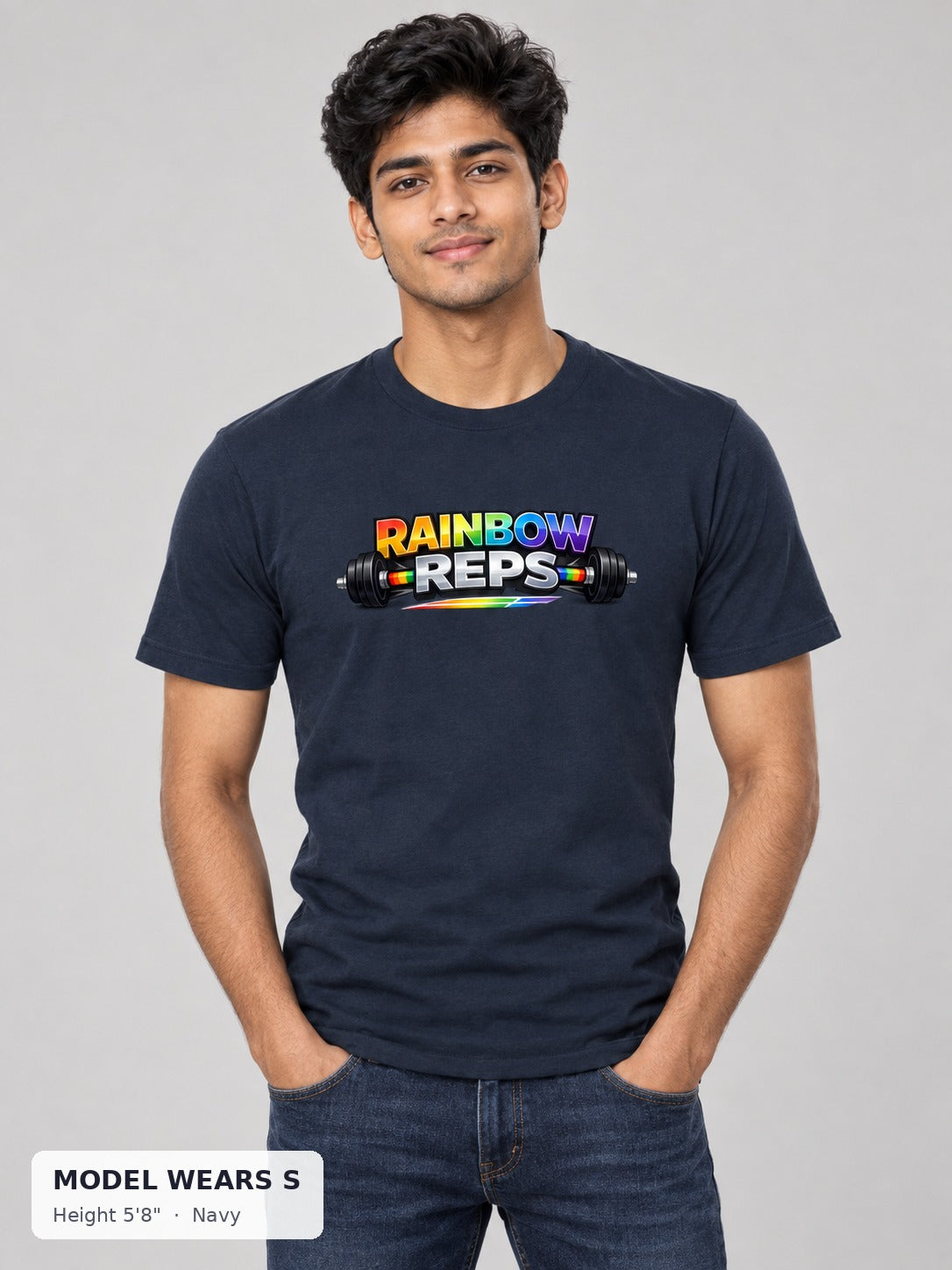 Rainbow Reps Gym Tee in Navy on a slim model wearing size S, 5'8" - Good Trouble Fashion