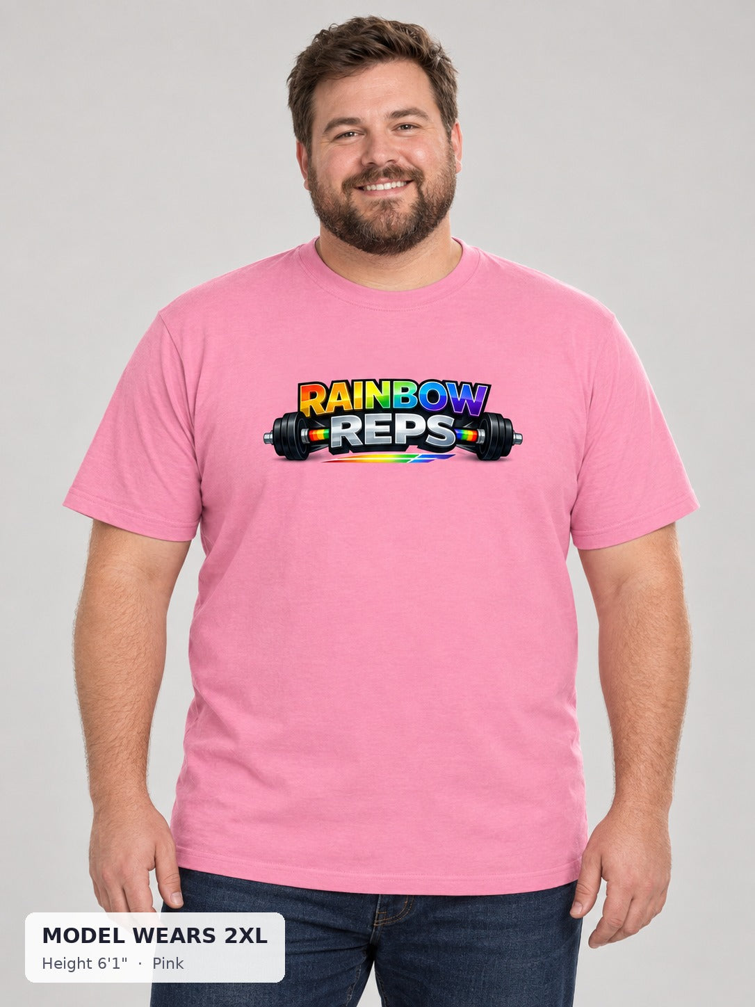 Rainbow Reps Gym Tee in Pink on a plus-size model wearing size 2XL, 6'1" - Good Trouble Fashion