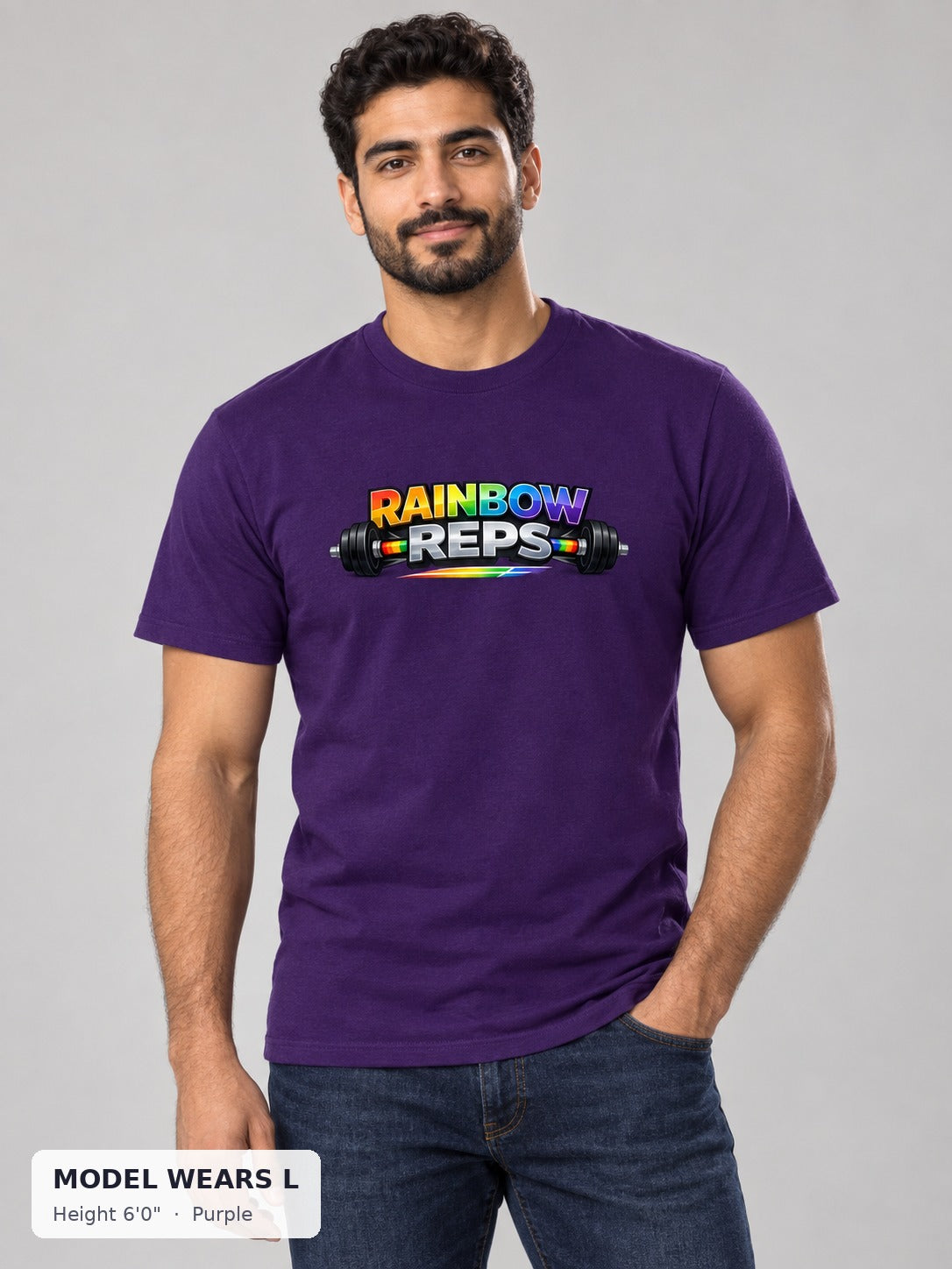 Rainbow Reps Gym Tee in Purple on an athletic model wearing size L, 6'0" - Good Trouble Fashion