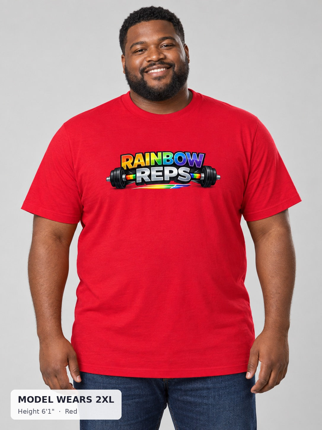 Rainbow Reps Gym Tee in Red on a plus-size model wearing size 2XL, 6'1" - Good Trouble Fashion