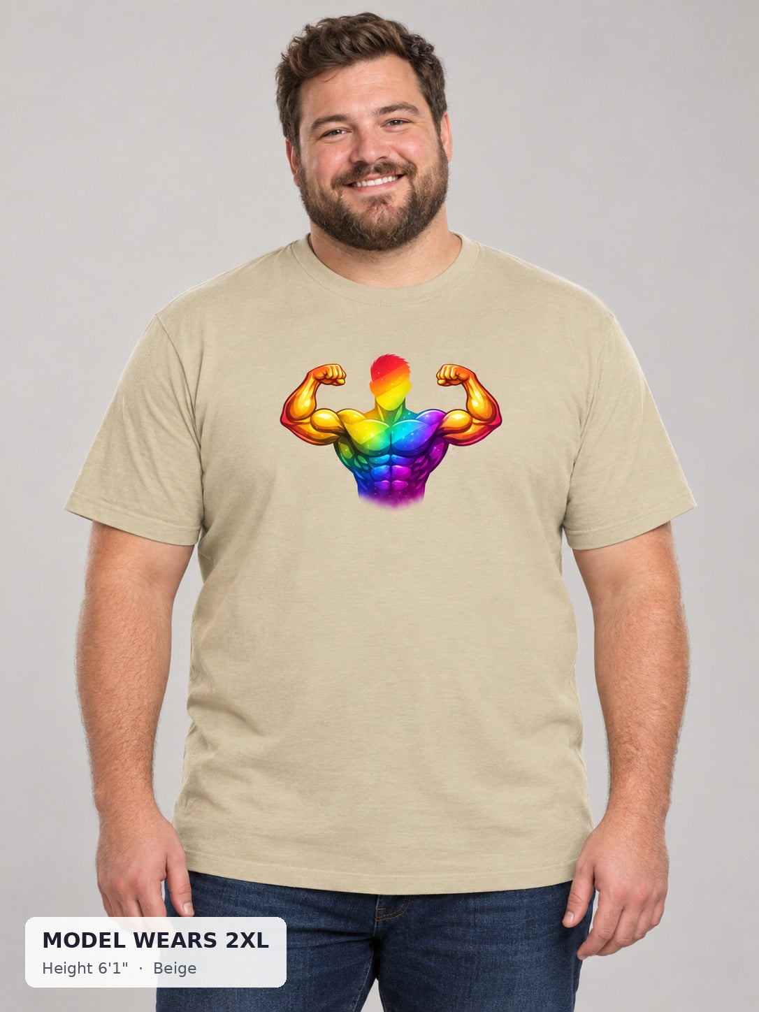 Rainbow Bodybuilder Pride Tee in Beige on a plus-size model wearing size 2XL, 6'1" - Good Trouble Fashion