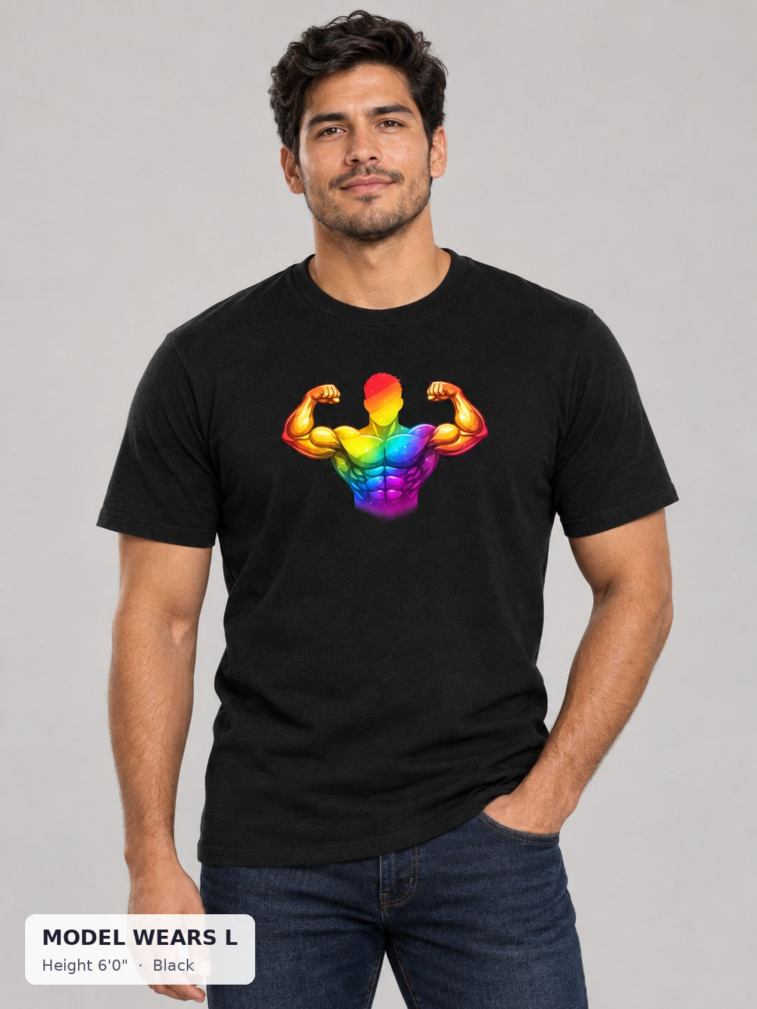 Rainbow Bodybuilder Pride Tee in Black on an athletic model wearing size L, 6'0" - Good Trouble Fashion