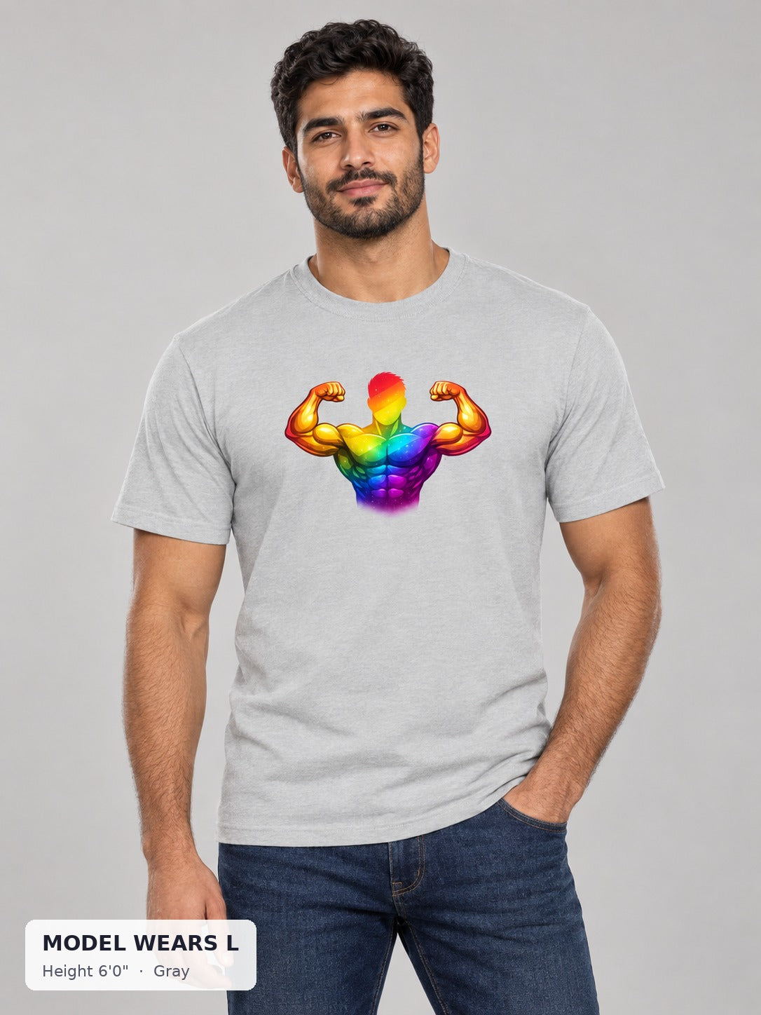 Rainbow Bodybuilder Pride Tee in Gray on an athletic model wearing size L, 6'0" - Good Trouble Fashion