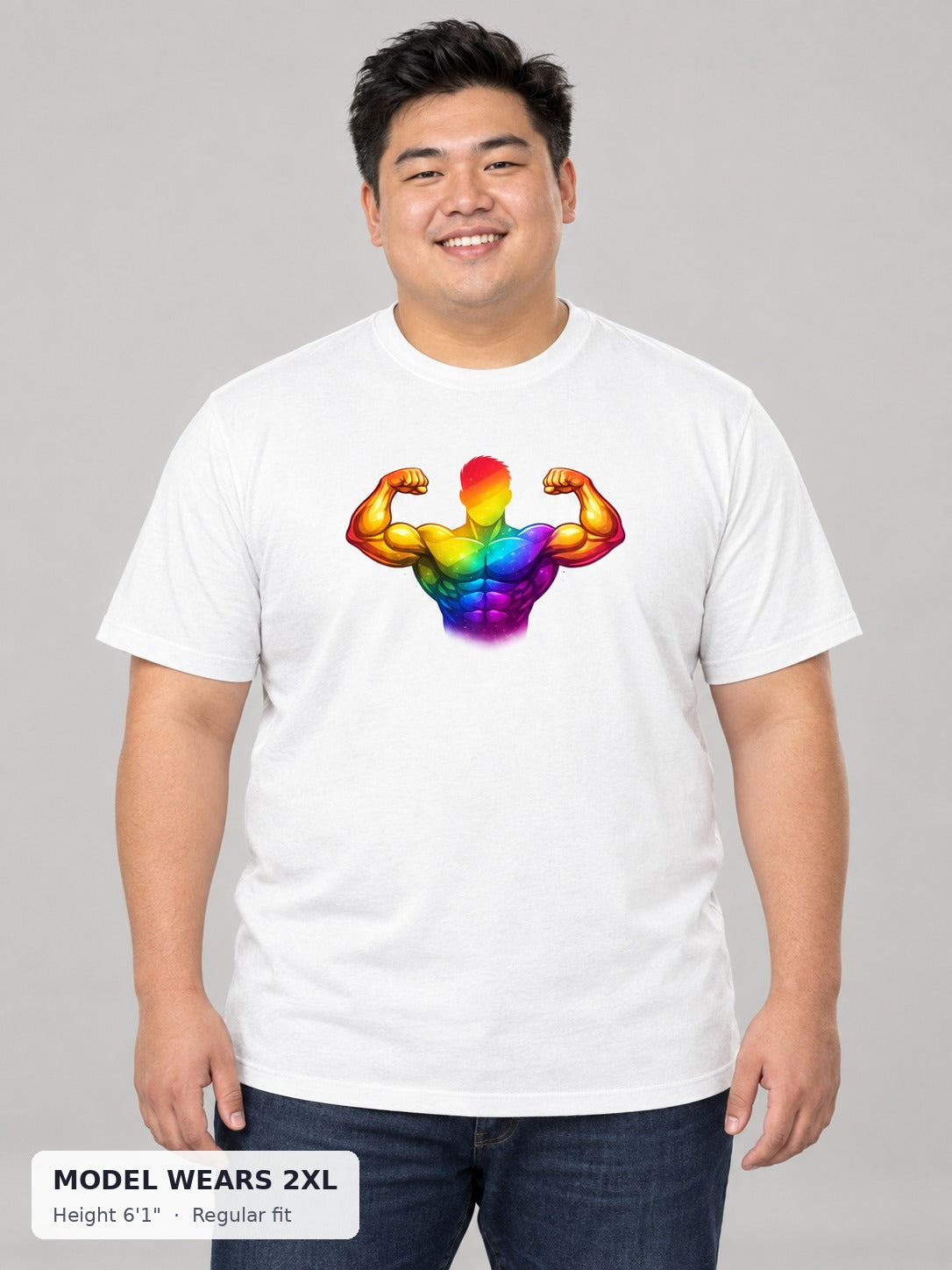 Rainbow Bodybuilder Pride Tee on a plus-size model wearing size 2XL, 6'1" - Good Trouble Fashion