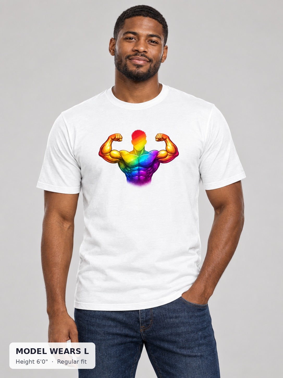 Rainbow Bodybuilder Pride Tee on an athletic model wearing size L, 6'0" - Good Trouble Fashion