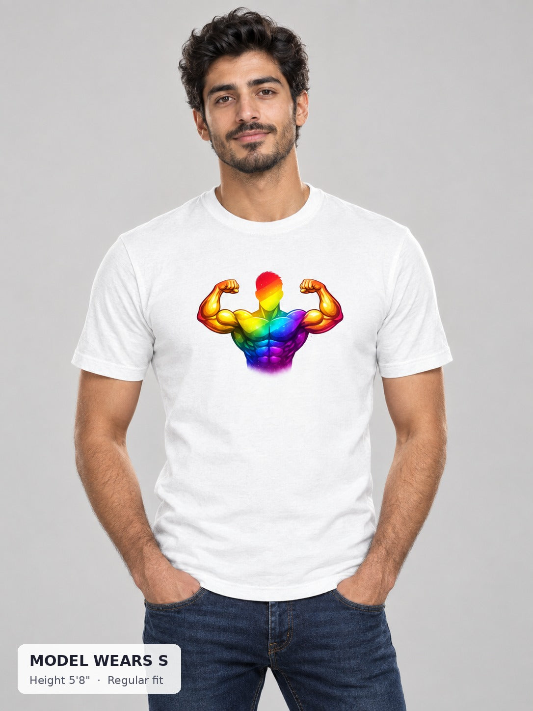 Rainbow Bodybuilder Pride Tee on a slim model wearing size S, 5'8" - Good Trouble Fashion